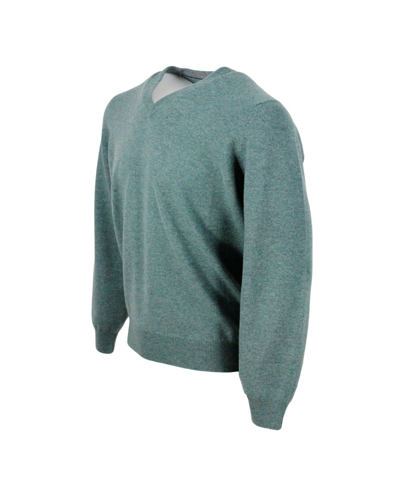 Brunello Cucinelli Long-sleeved V-neck Sweater In Fine 100% Cashmere With Contrasting Piping On The Cuff - Green