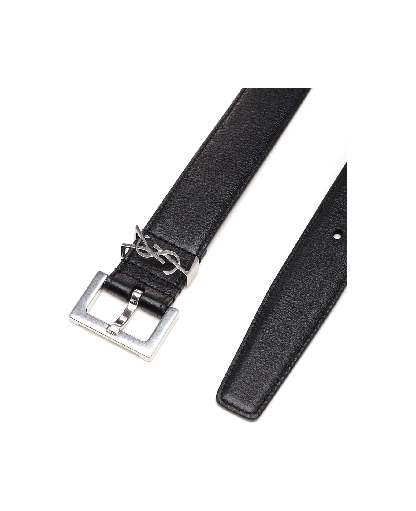 Saint Laurent Black Leather Belt With Silver Logo - BLACK