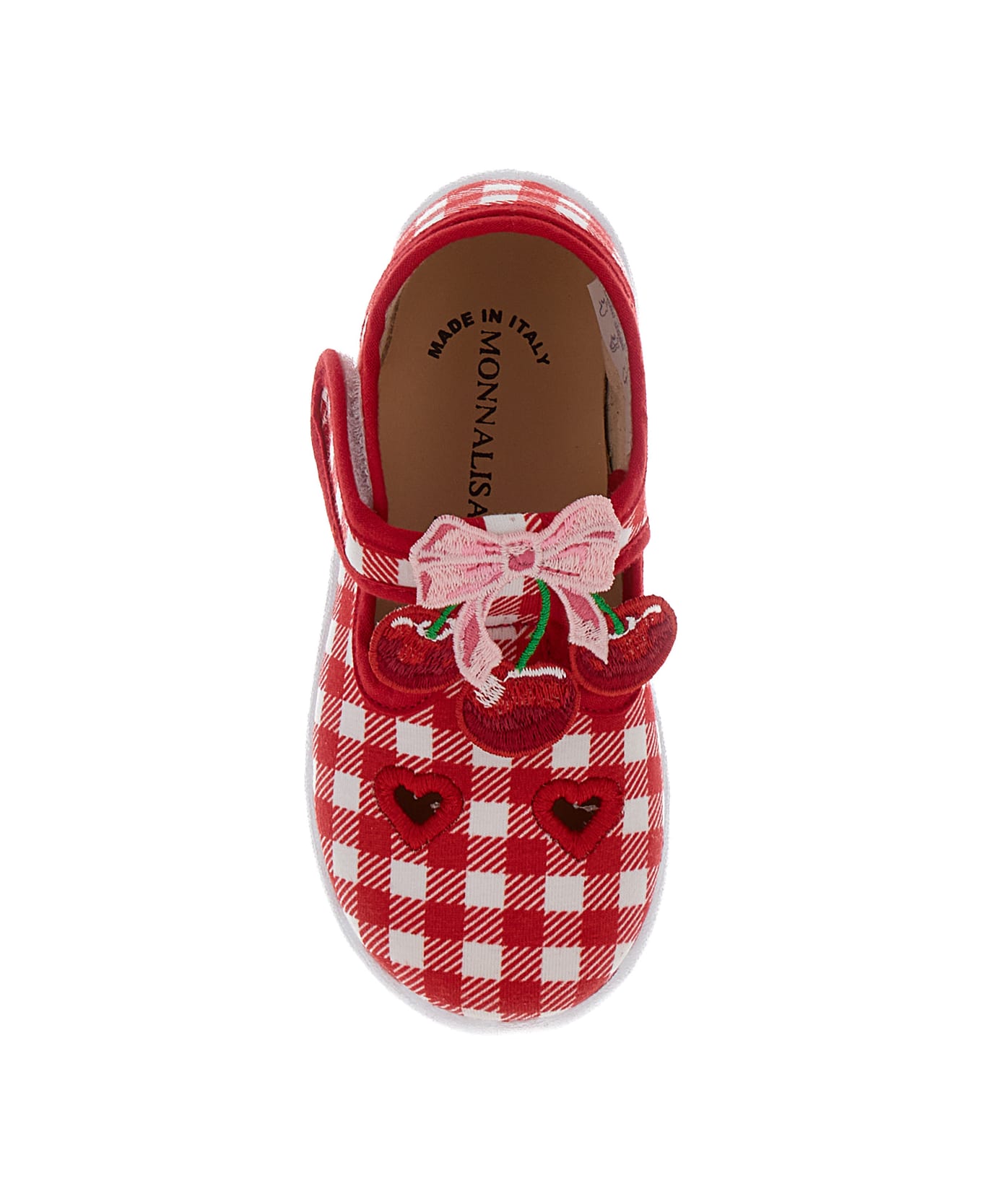 Monnalisa Red And White Shoes With Check Motif And Heart Cut-out In Stretch Cotton Baby - Red