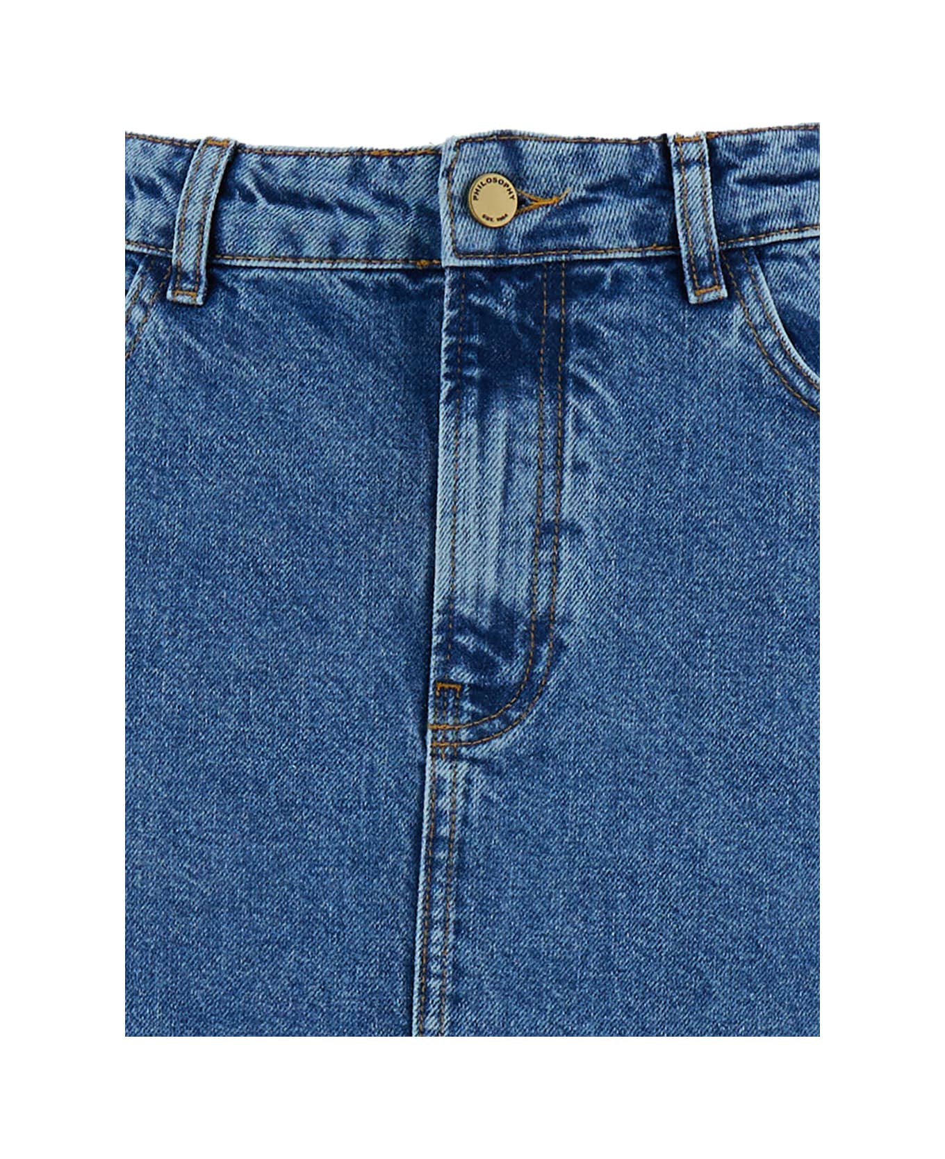 Philosophy di Lorenzo Serafini Maxi Light Blue Skirt With Split And Logo check-print In Cotton filo Denim Woman - Blu