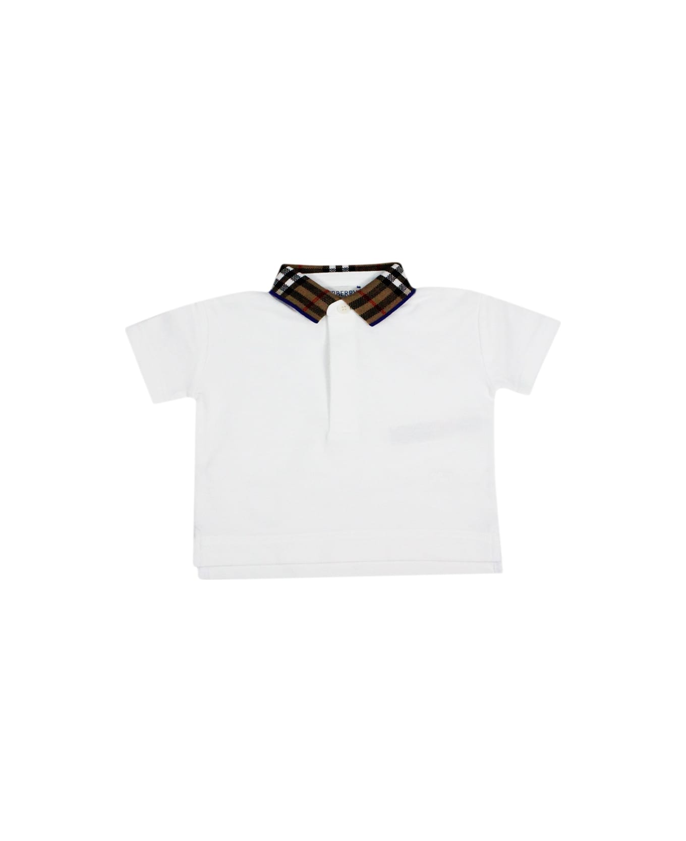 Burberry Piqué Cotton Polo Shirt With Check Collar And Button Closure - White