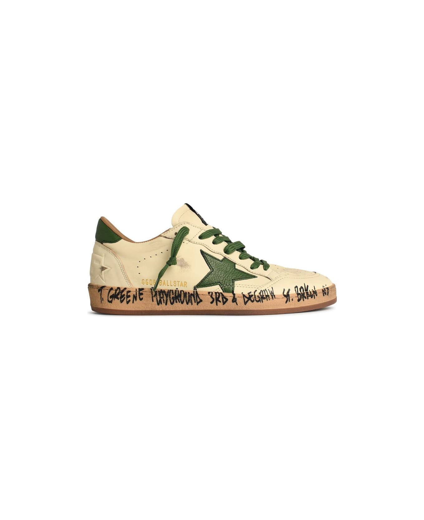Golden Goose 'ball-star' White Nappa Leather Sneakers With Green Star And Heel - Bianco