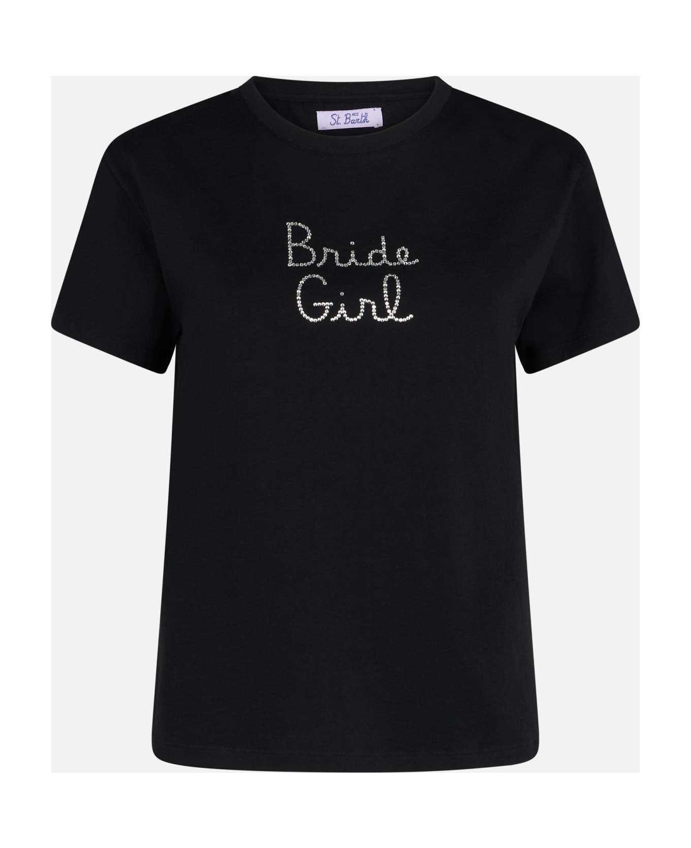 MC2 Saint Barth Woman Cotton T-shirt With Bride Girl Rhinestone Embroidery - BLACK