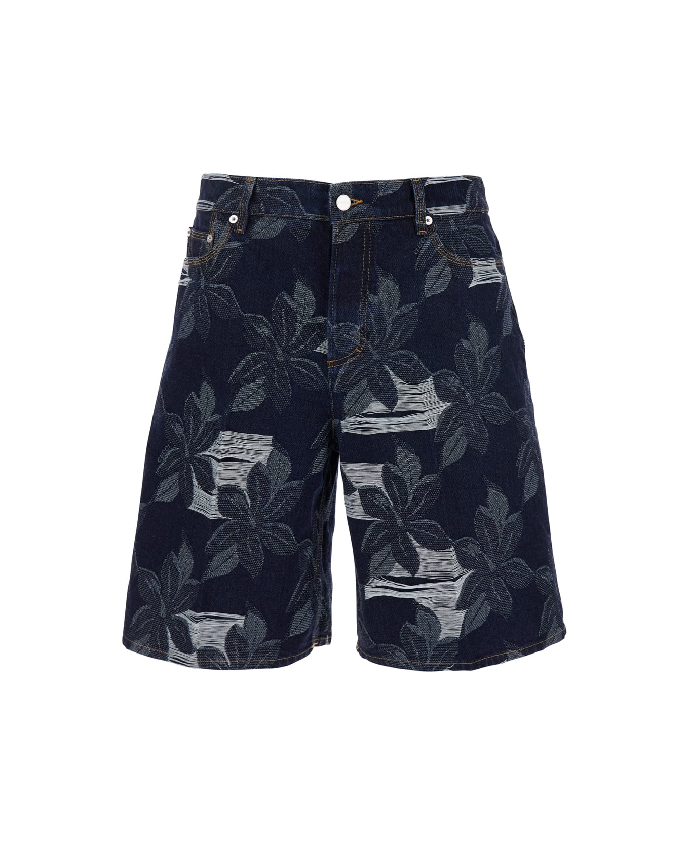 Gucci Blue Bermuda Shorts With All-over Floral Embroidery And Logo Patch On The Back In Denim Man - Blu