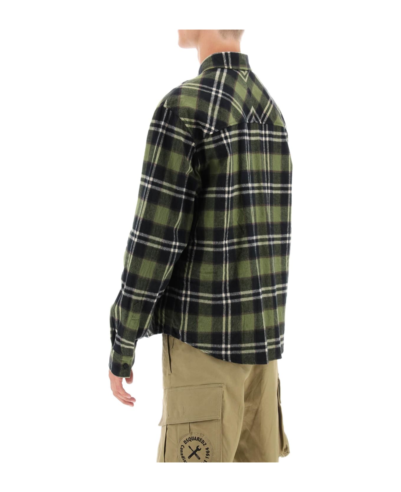 Dsquared2 Check Flannel Shirt With Rubberized Logo - GREEN BROWN (Green)