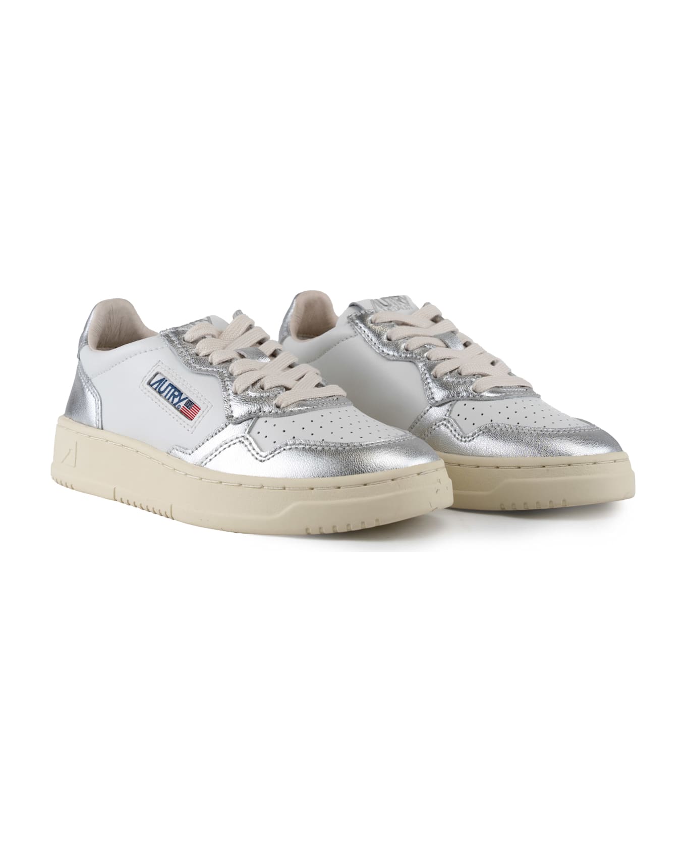 Autry Medalist Low Sneakers In Two-tone Leather - Leat/leat wht/silver