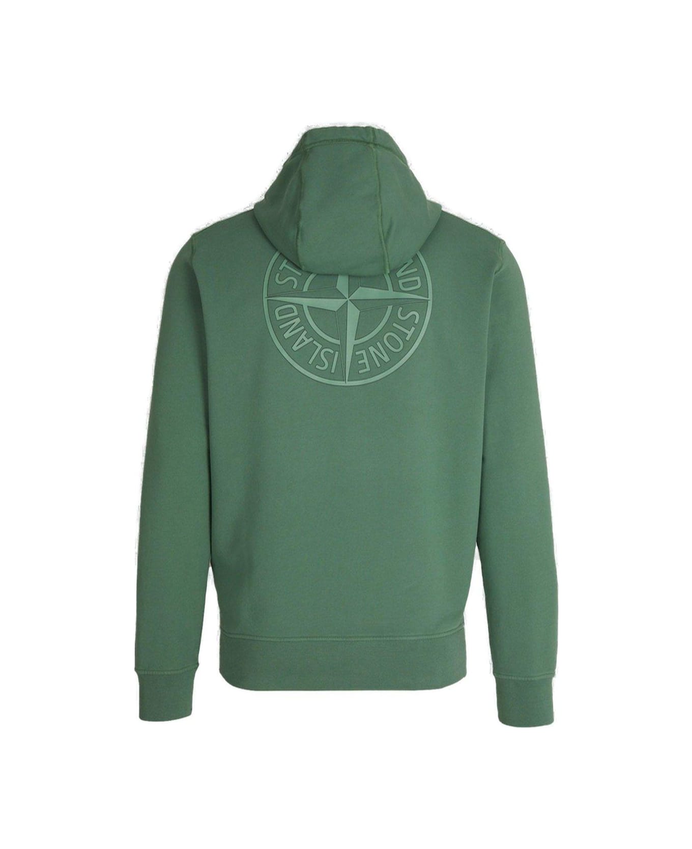 Stone Island Logo Printed Drawstring Hoodie - Sage