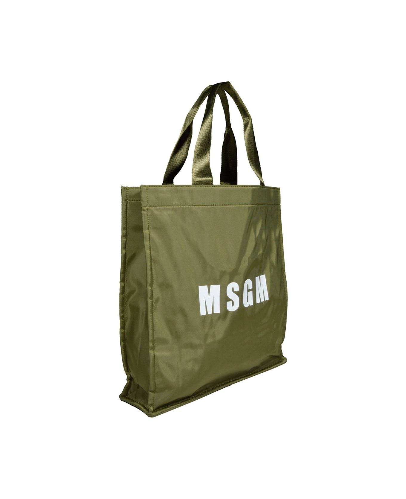 MSGM Logo Printed Top Handle Bag - Verde militare トートバッグ