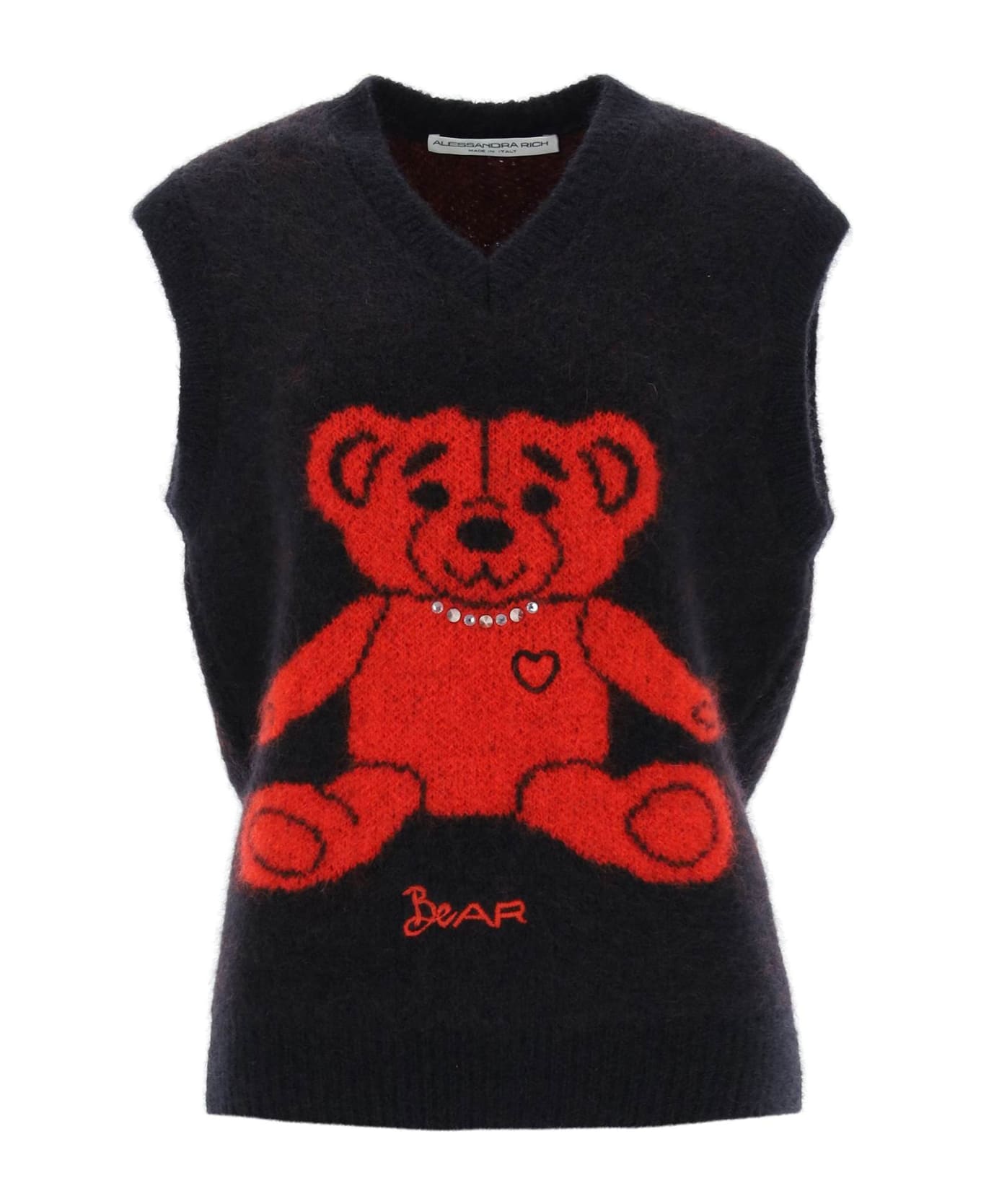 Alessandra Rich Vest In Jacquard Knit With Bear Motif And Appliques - Black