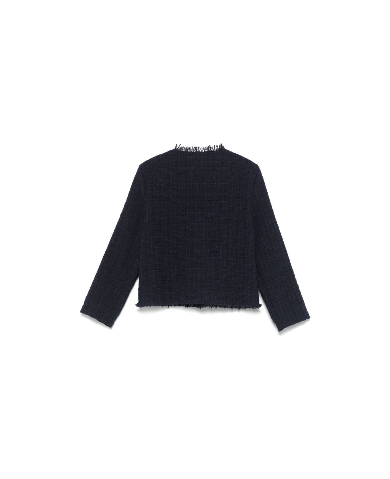Il Gufo Blue Jacket With Frayed Edges And Round Neck In Cotton Tweed Girl - Blu