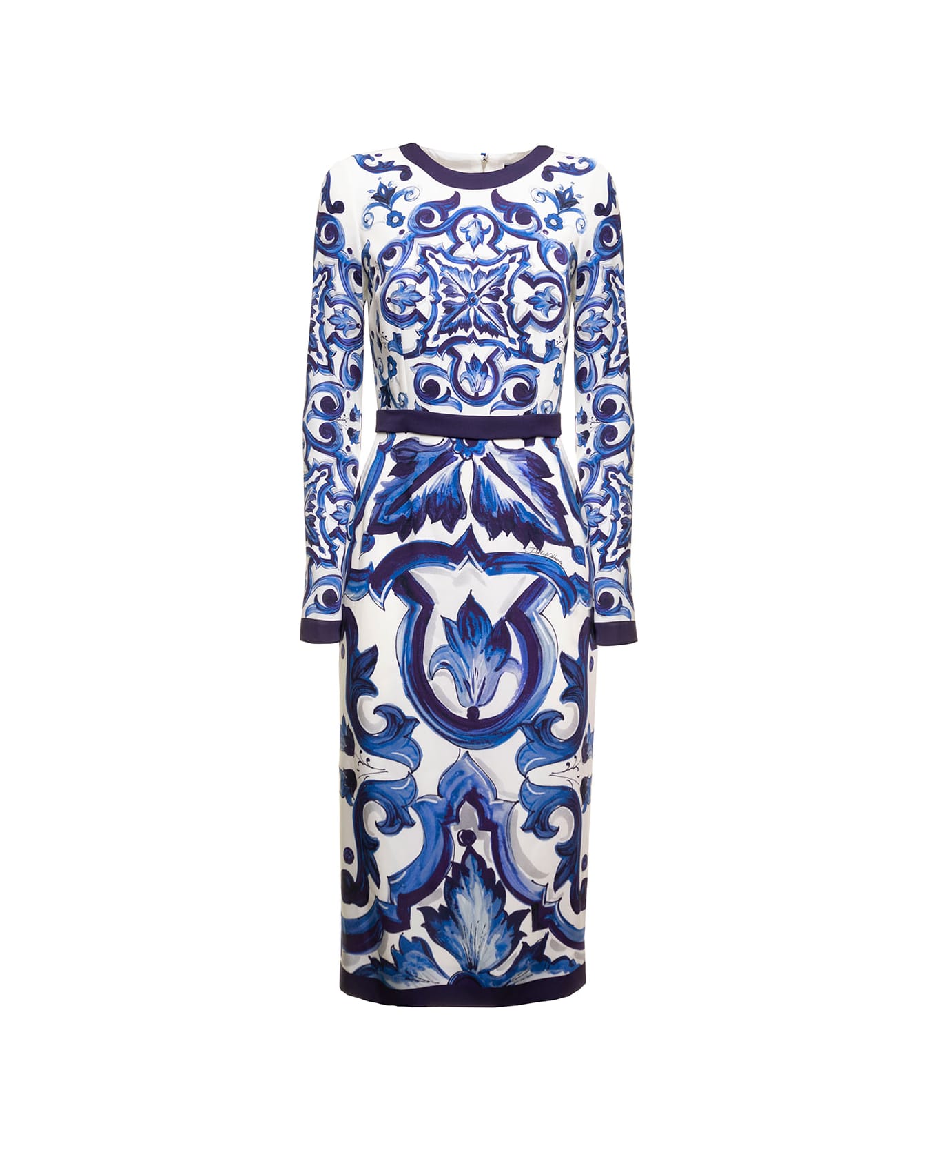 Dolce & Gabbana Maiolica Printed Charmuse Long Sleeves Midi Dress - Bianco/Blu