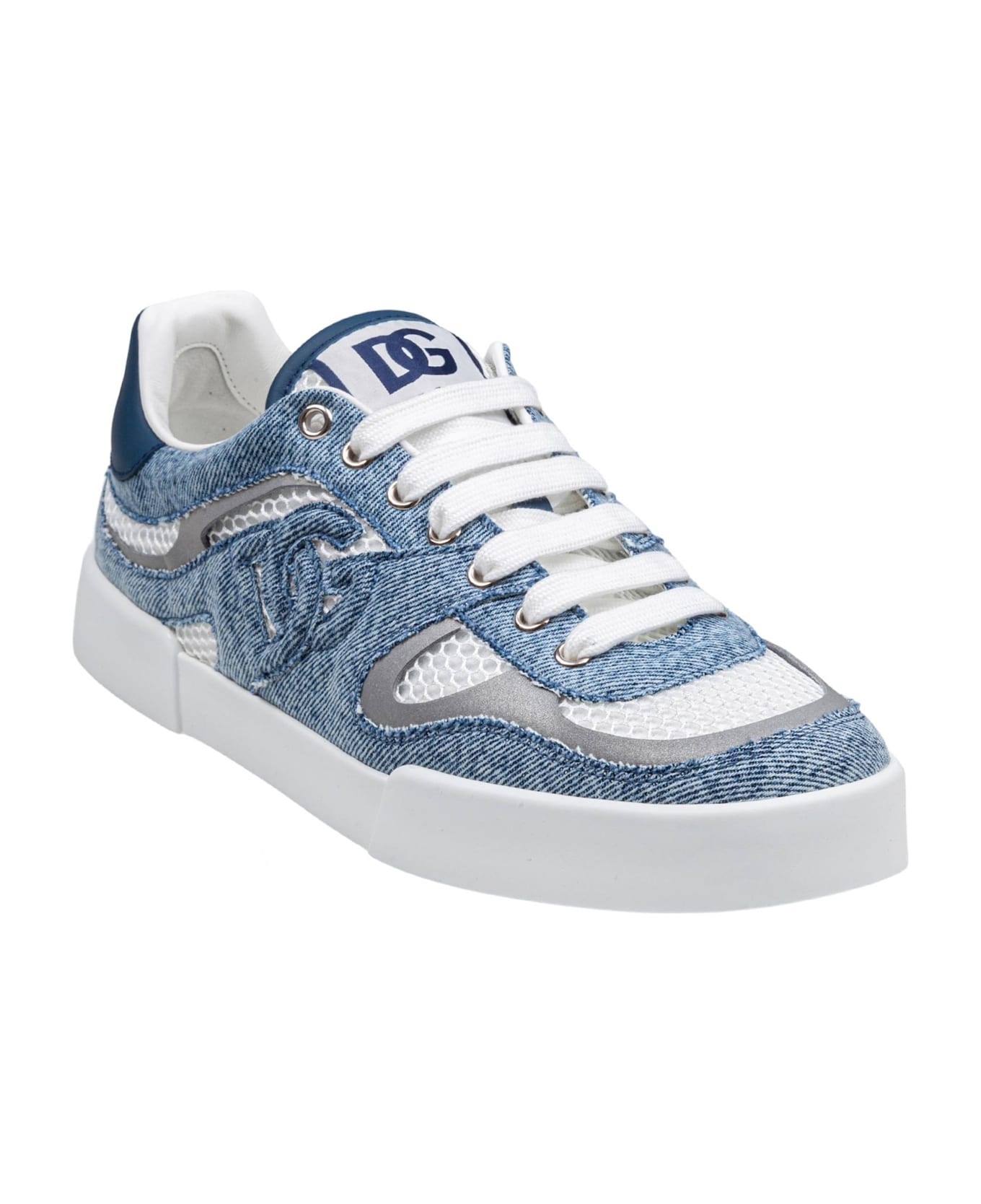 Dolce & Gabbana Portofino Strobel Light Sneakers In Technical Mesh Denime White And Jeans - White/Silver