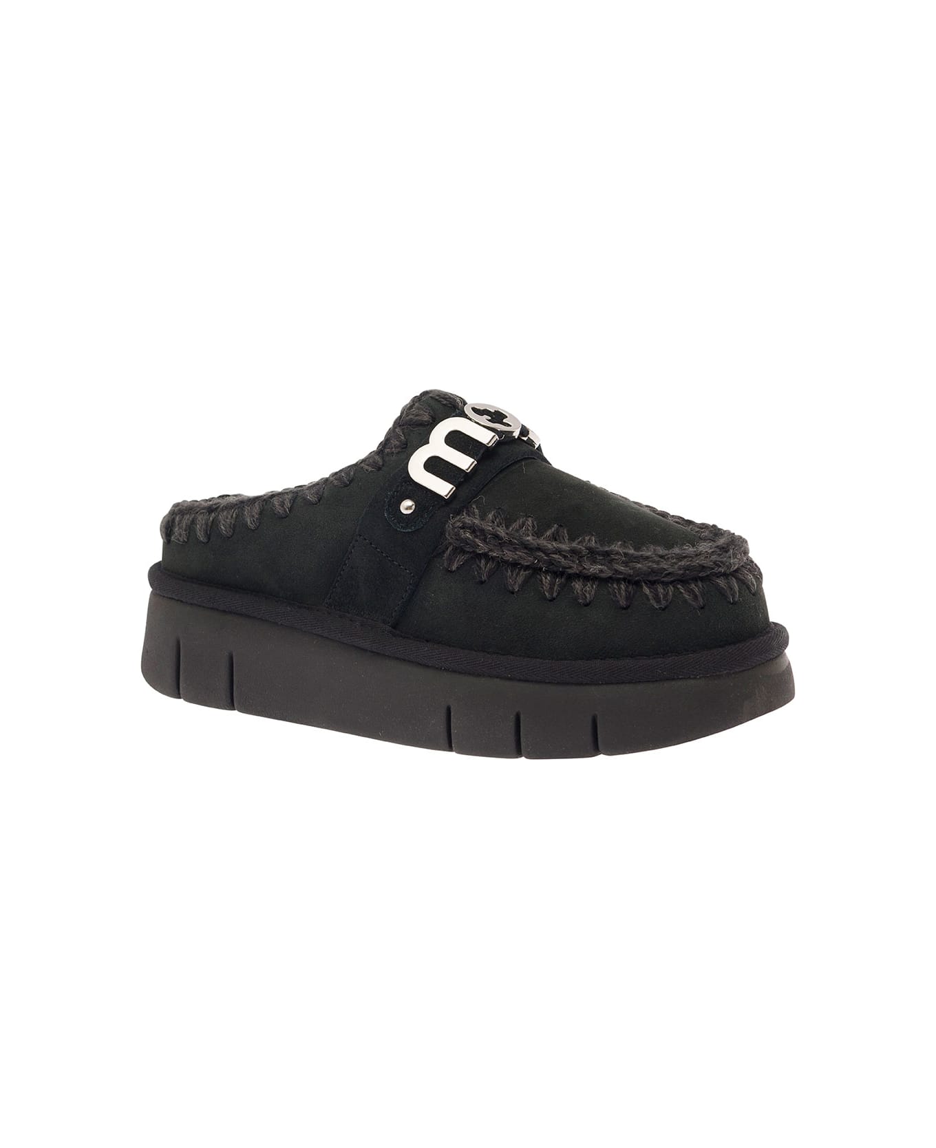 Mou 
bounce
 Black Mules With Logo Lettering And Open Rear In Suede Woman - Bkbk