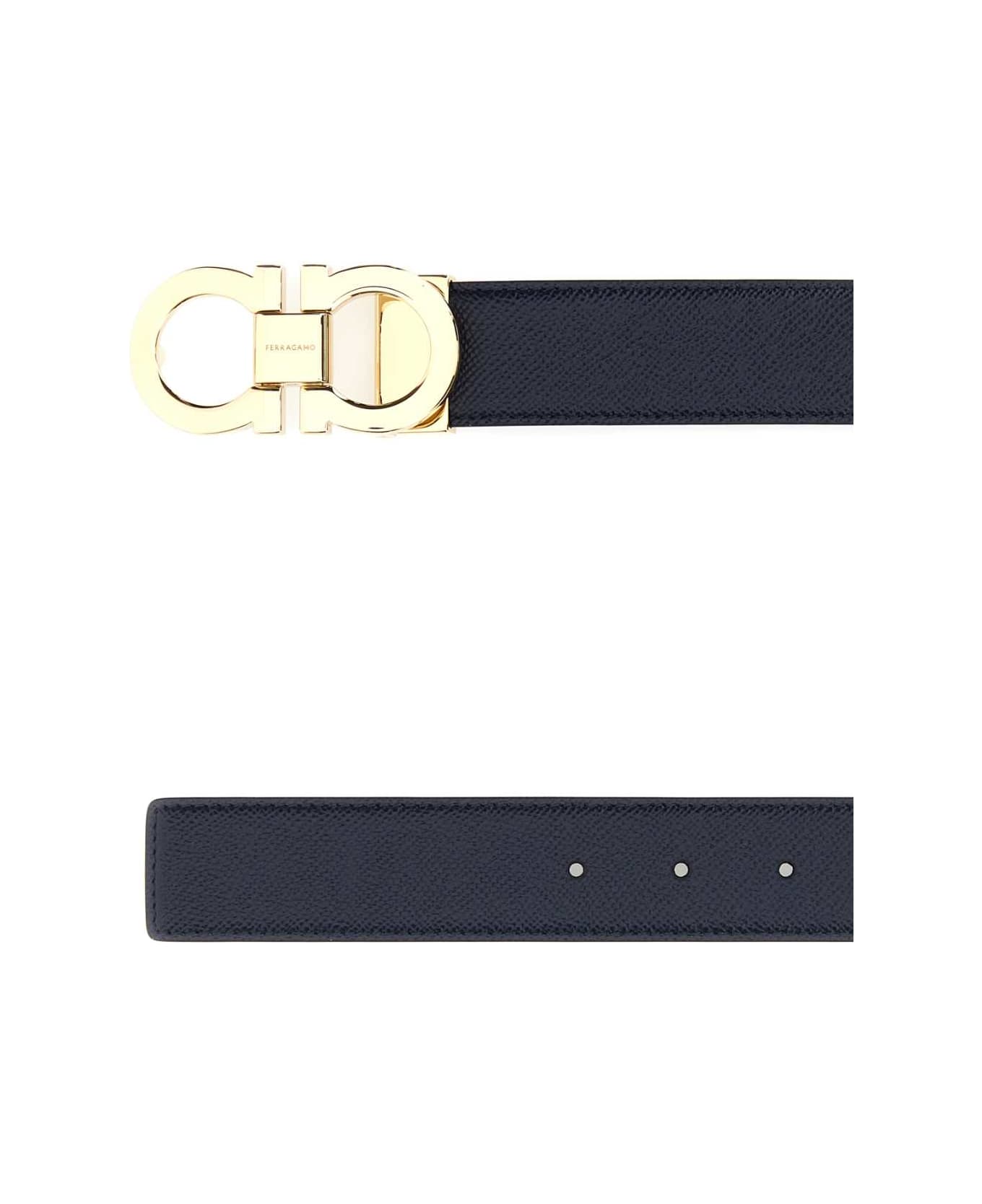 Ferragamo Navy Blue Leather Reversible Gancini Belt - BLACKBLUE