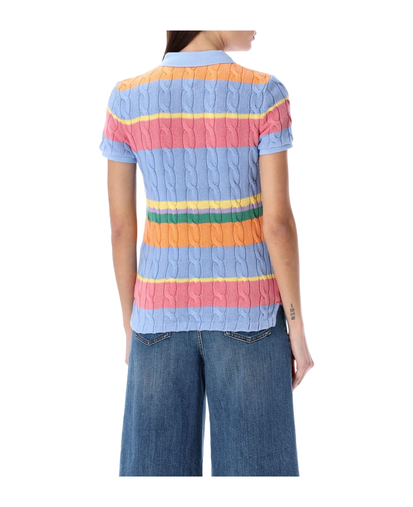 Polo Ralph Lauren Striped Cable Knit Polo Shirt - LIGHT BLUE ROSE MULTI