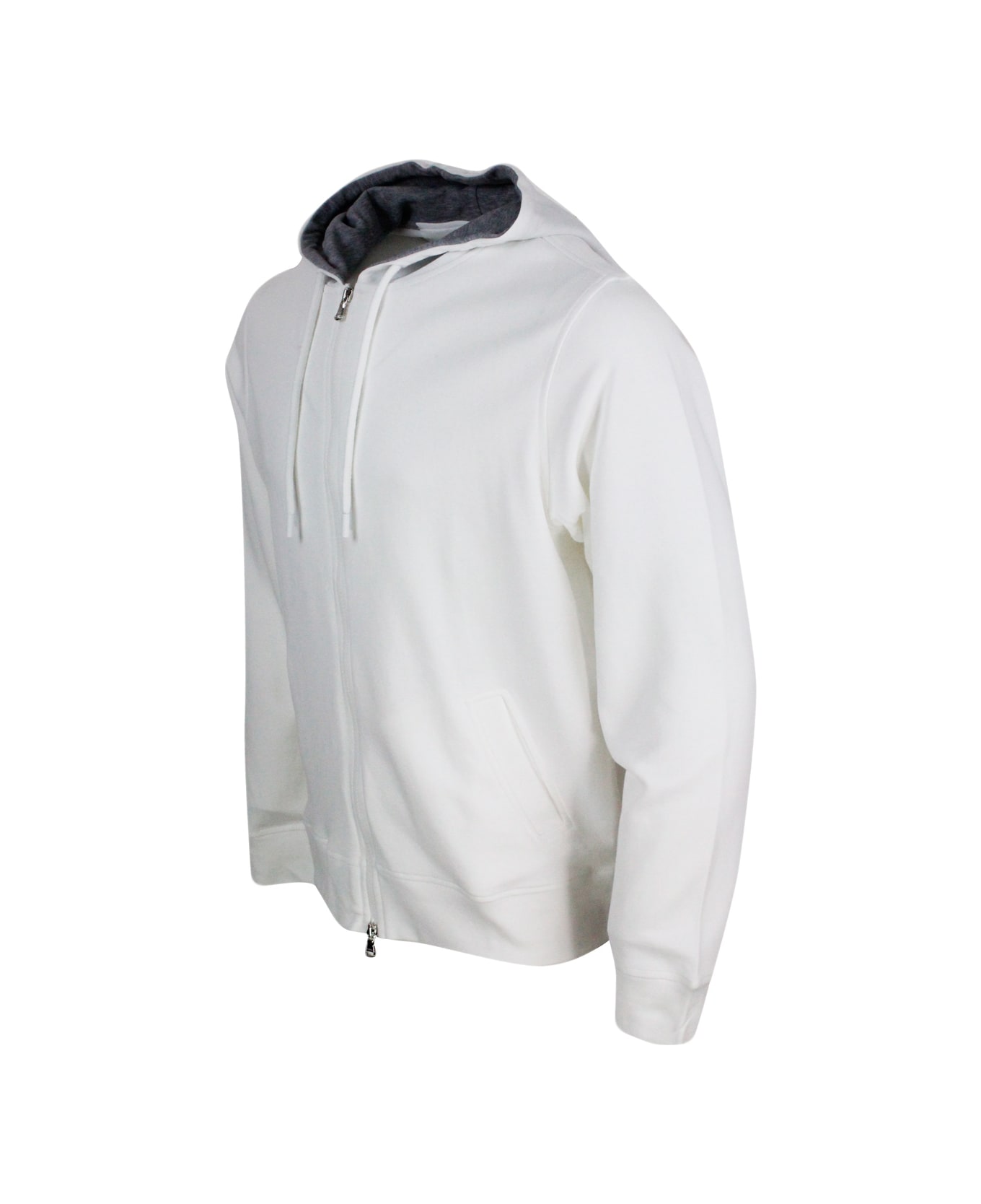 Barba Napoli Lightweight Stretch Cotton Sweatshirt With Hood With Contrasting Color Interior And Zip Closure - White