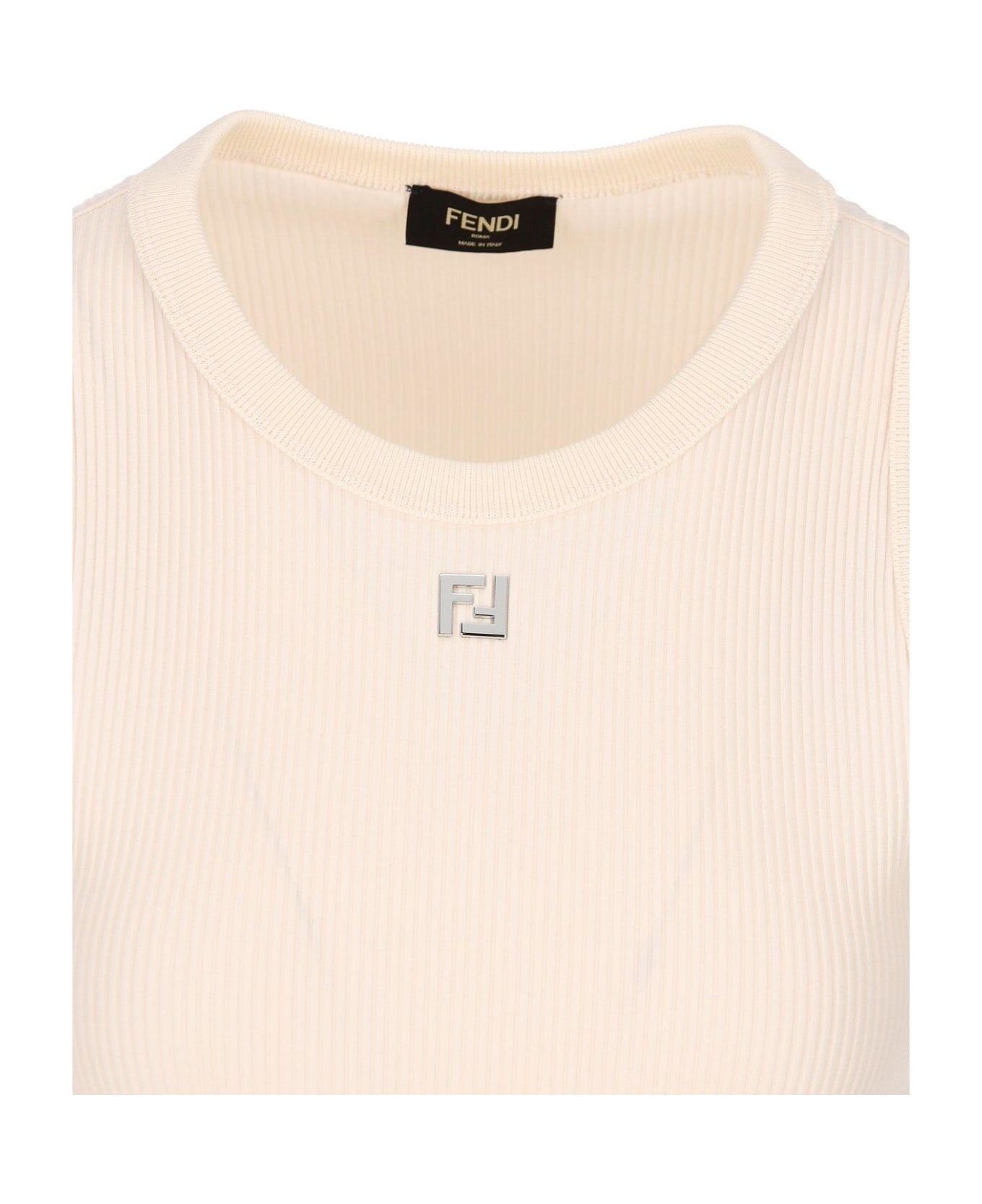 Fendi Logo Plaque Ribbed-knit Top - White ベスト