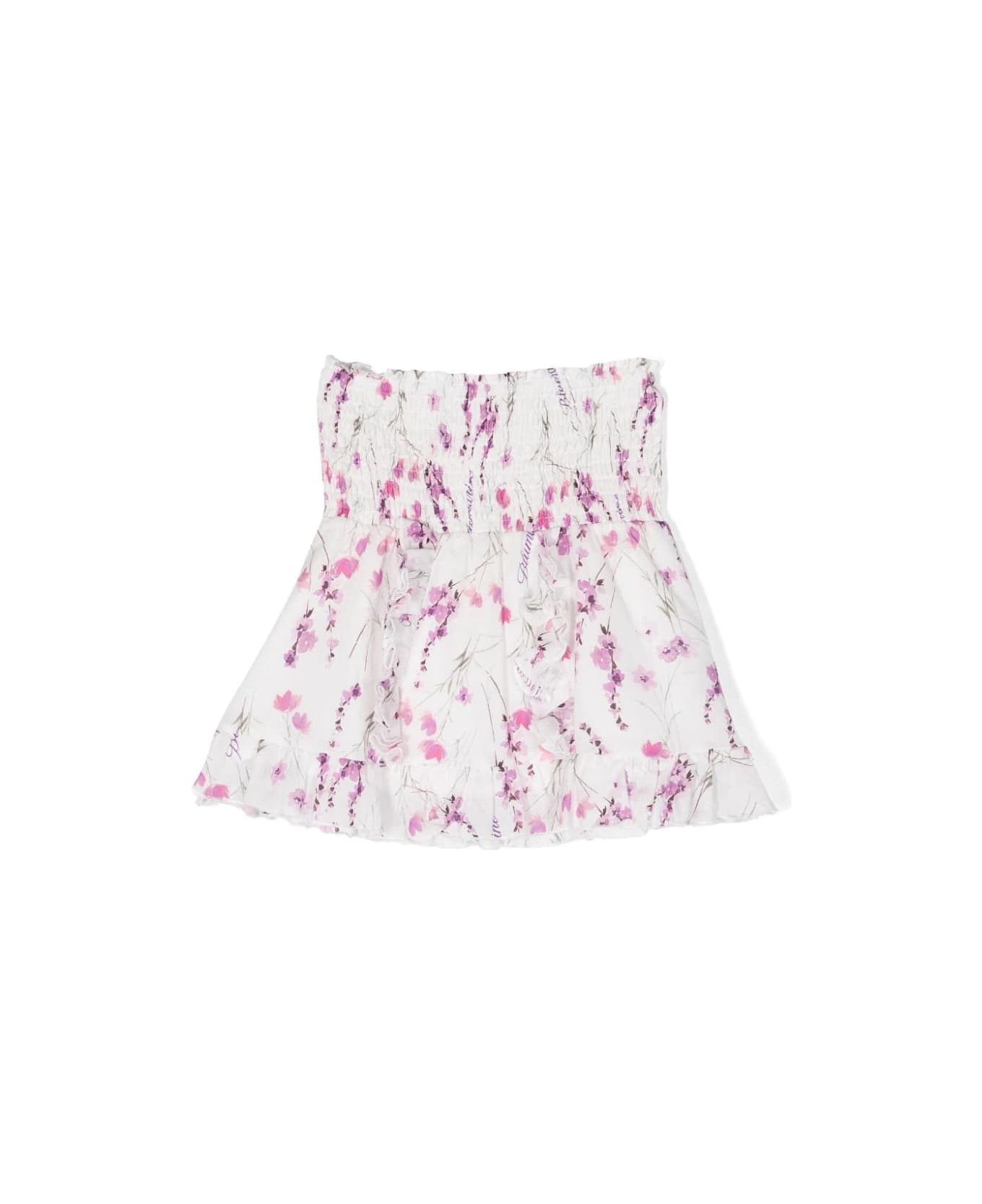 Miss Blumarine White Miniskirt With Ruffles And Floral Print - White ボトムス