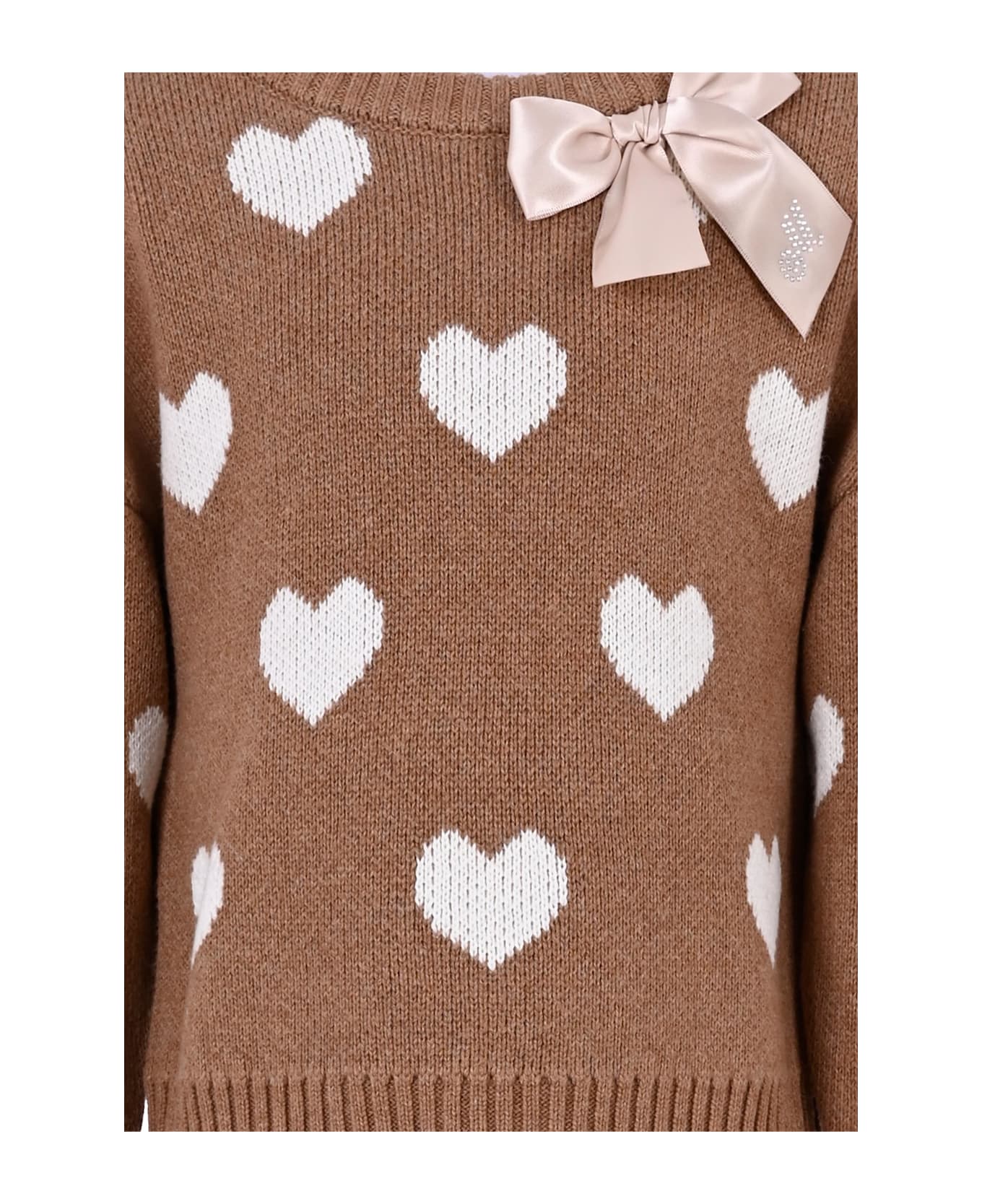 Monnalisa Brown Sweater For Girl With Hearts - Brown