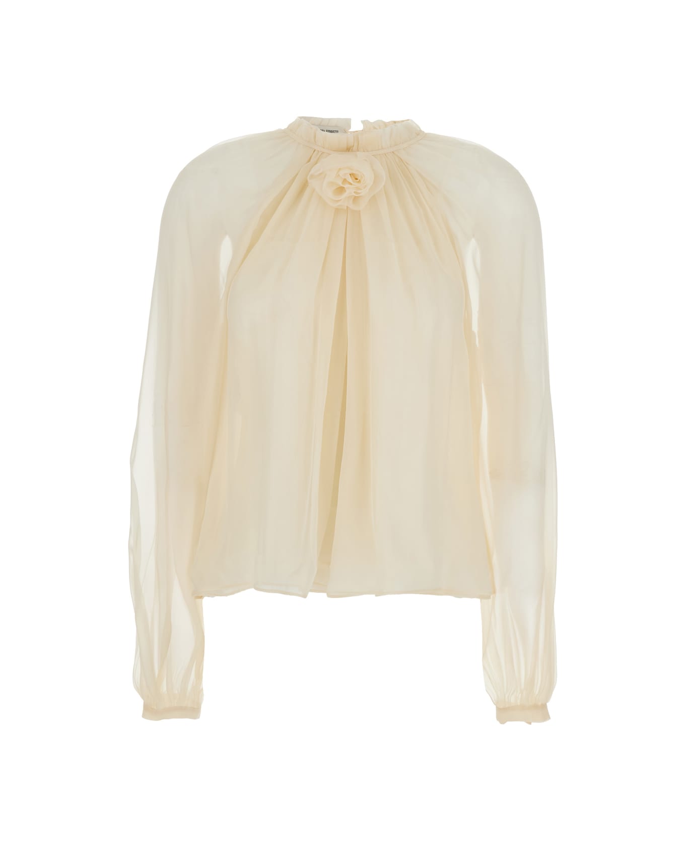 Alberta Ferretti Beige Blouse With Ruffles And Floral Detail On The Front In Silk Woman - Beige