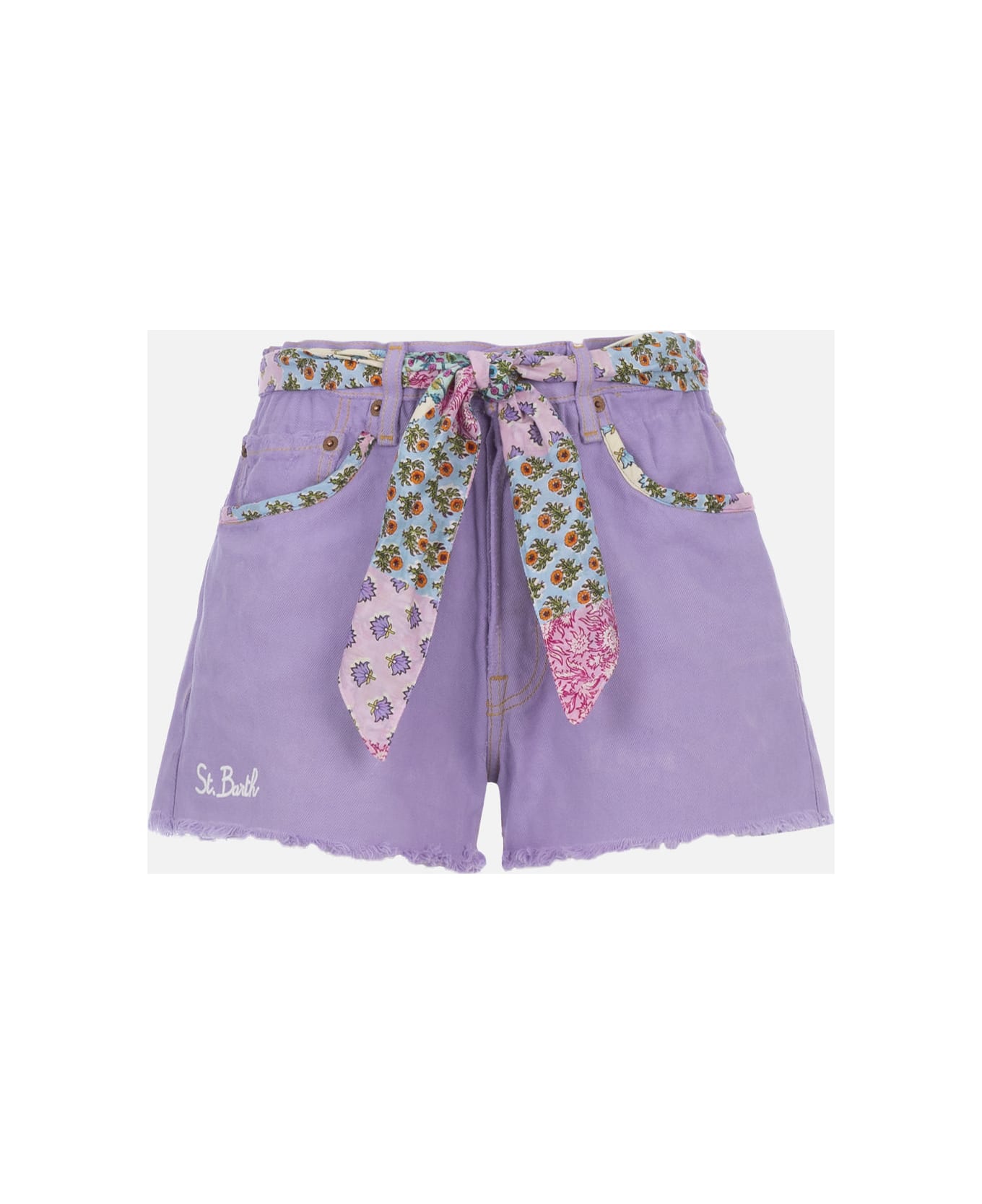 MC2 Saint Barth Woman Upcycled Denim Shorts Arizona With Patches - LILAC