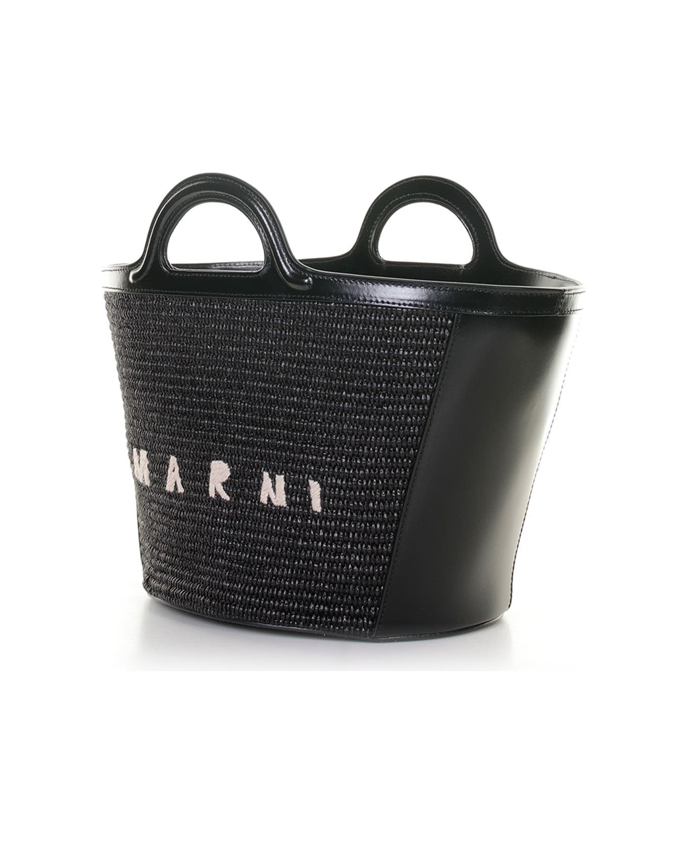 Marni Small Tropicalia Bag In Leather And Raffia Effect Fabric - BLACK