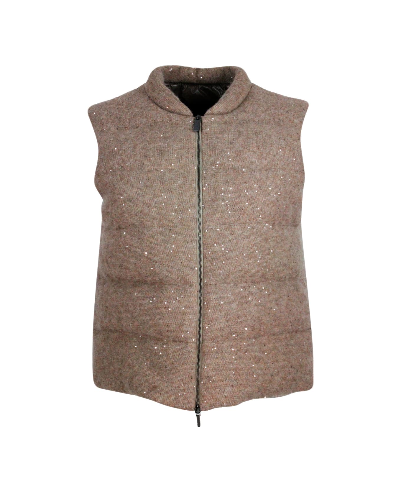Fabiana Filippi Sleeveless Vest Padded With Real Goose Down In Wool, Silk And Cashmere Embellished With Micro Sequins - Nut