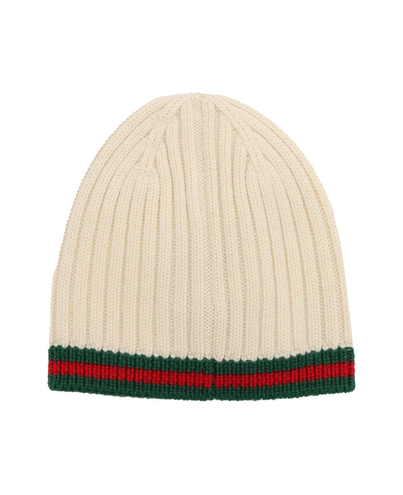 Gucci Web-stripe Ribbed-knit Beanie - Bianco