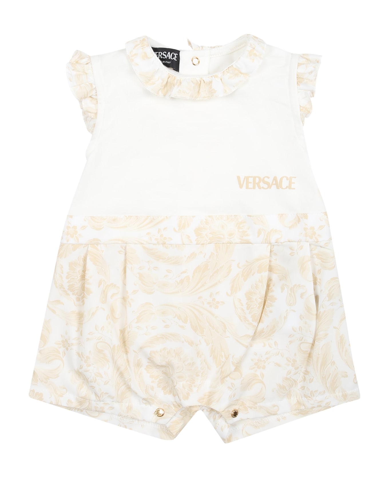 Versace Beige Romper For Babies With Baroque Print - Beige ボディスーツ＆セットアップ