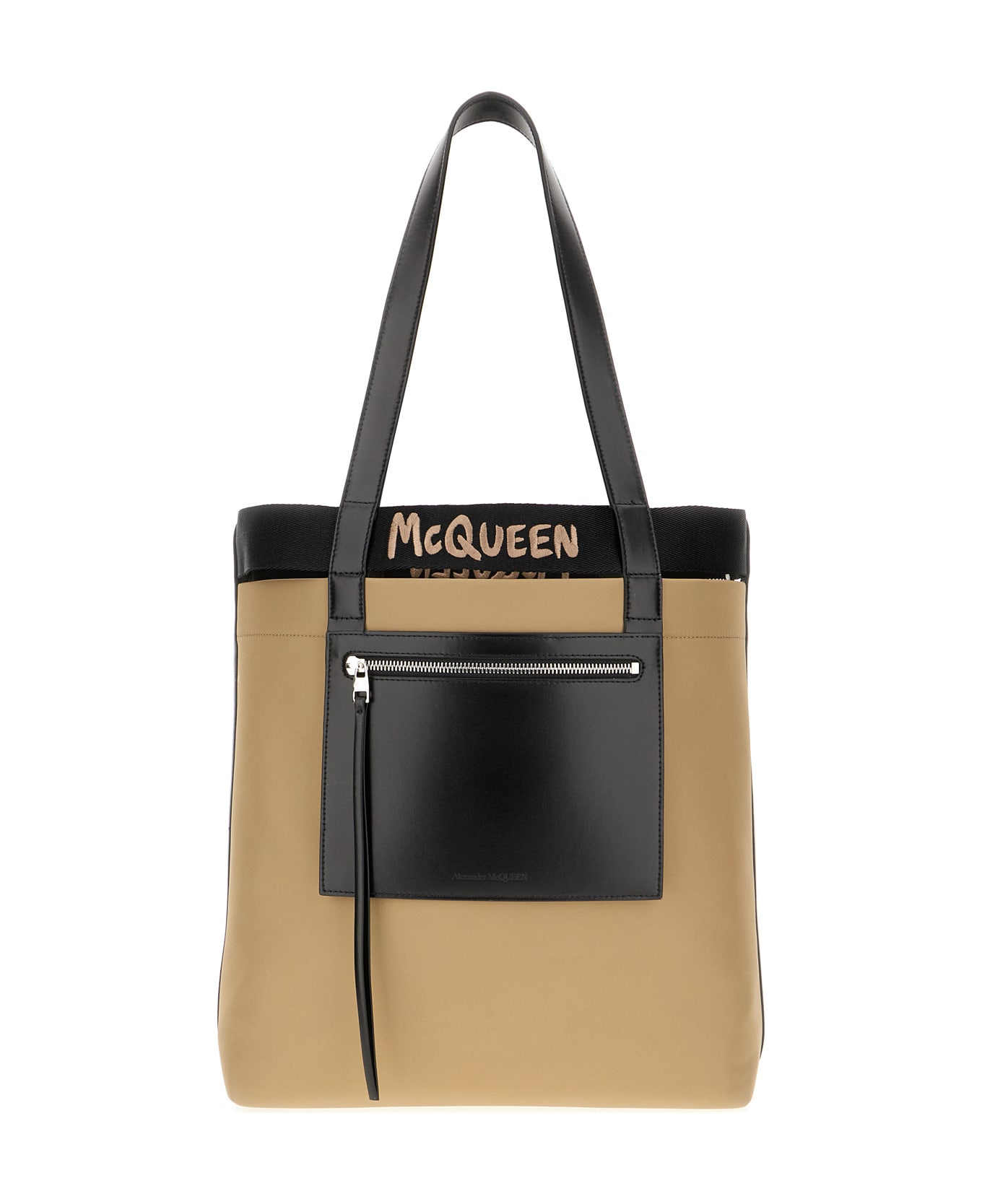 Alexander McQueen Logo Embroidered Shopper Bag - BEIGE BLACK