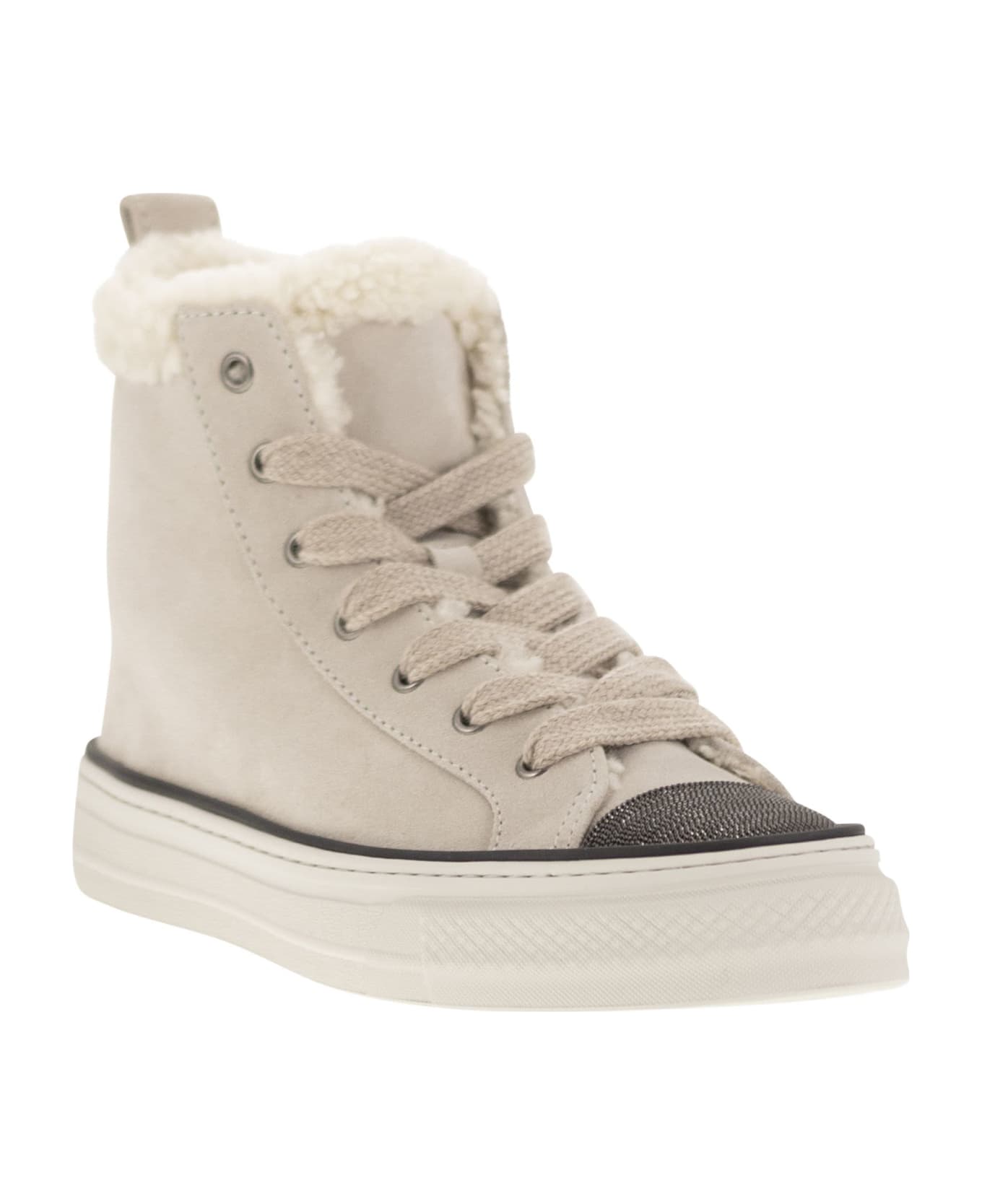 Brunello Cucinelli Suede Trainers With Shearling Lining And Jewelled Toe Cap - Ivory