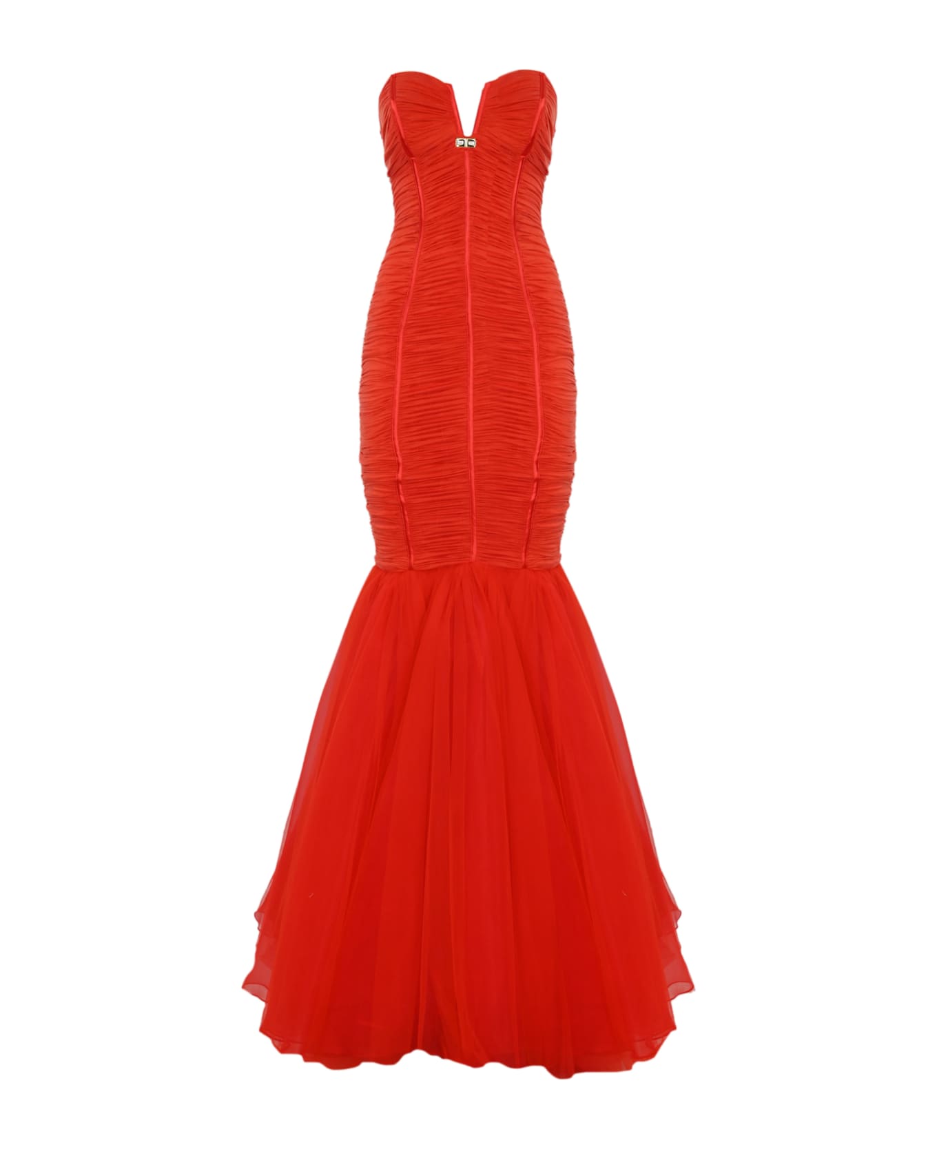 Elisabetta Franchi Red Carpet Dress In Jersey And Tulle - Corallo