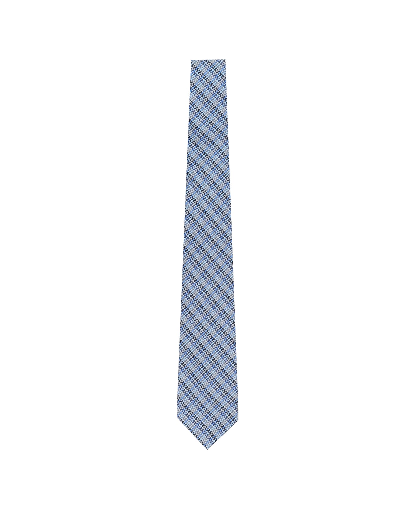 Ferragamo Silk Tie With Gancini Chain Print - LIGHT BLUE/MULTI