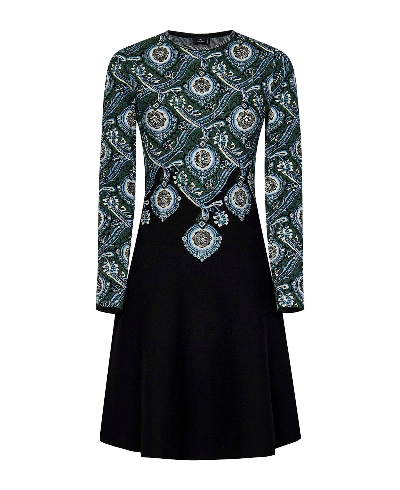 Etro Jacquard-pattern Crewneck Mini Dress - GREEN/BLACK