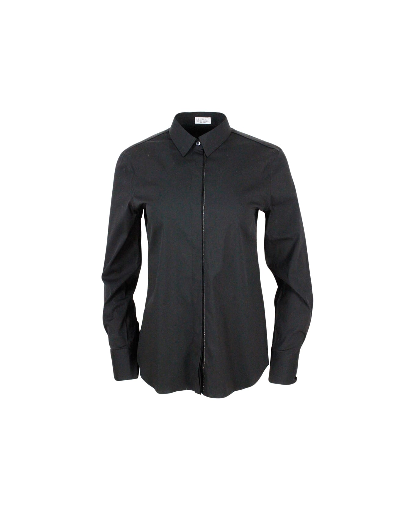 Brunello Cucinelli Long-sleeved Shirt In Stretch Cotton With Long Monili Closure - Black