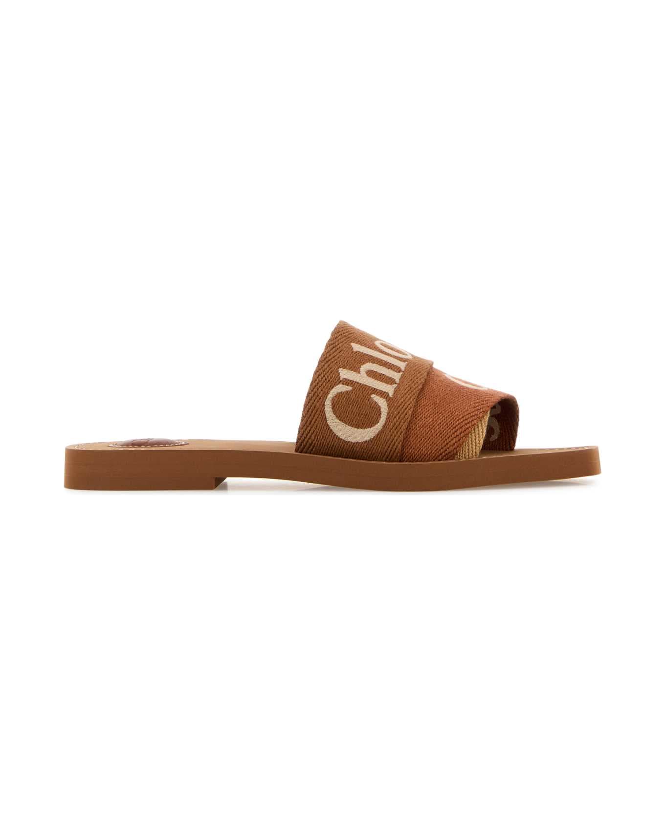Chloé Caramel Linen Woody Slippers - CARAMEL