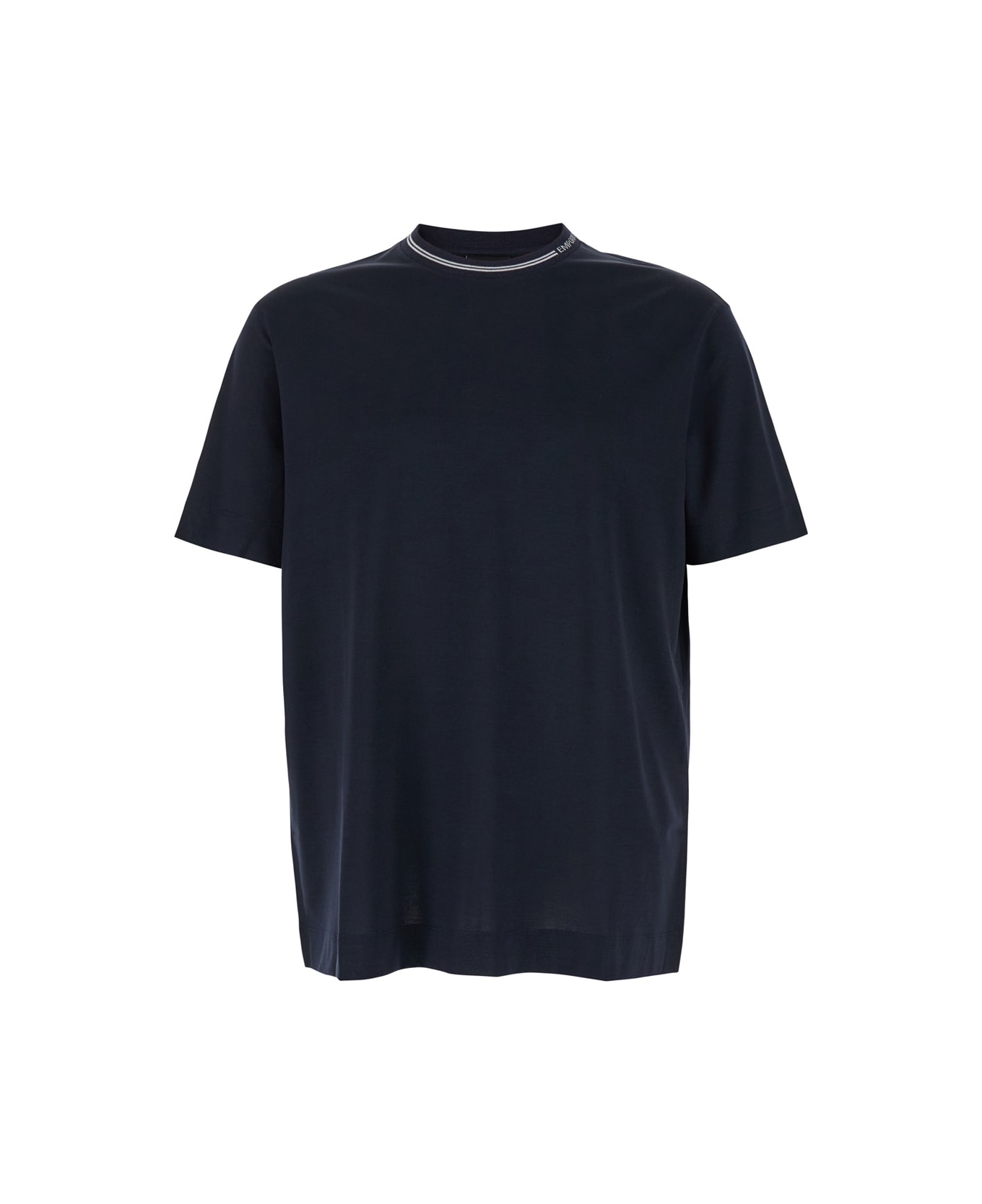 Emporio Armani Blue Crewneck T-shirt With Logo Lettering Print In Cotton Blend Man - Blu