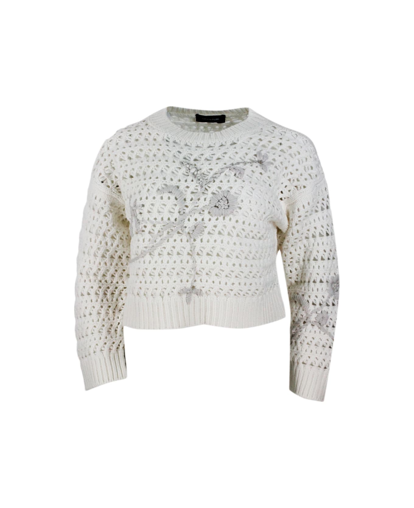 Fabiana Filippi Long-sleeved Round-neck Sweater In Platinum Wool, Silk And Cashmere Yarn With Embroidery And Chain Of Brilliant Jewels On The Front - cream カーディガン