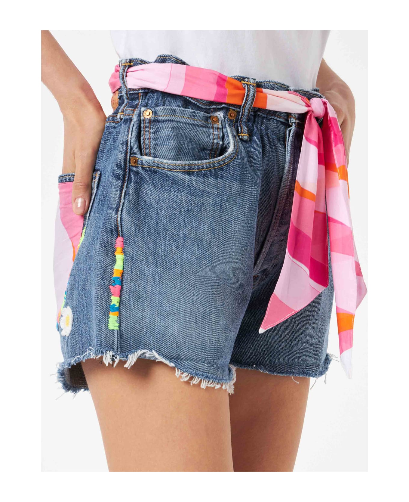 MC2 Saint Barth Woman Upcycled Denim Shorts With Embroidery - PINK