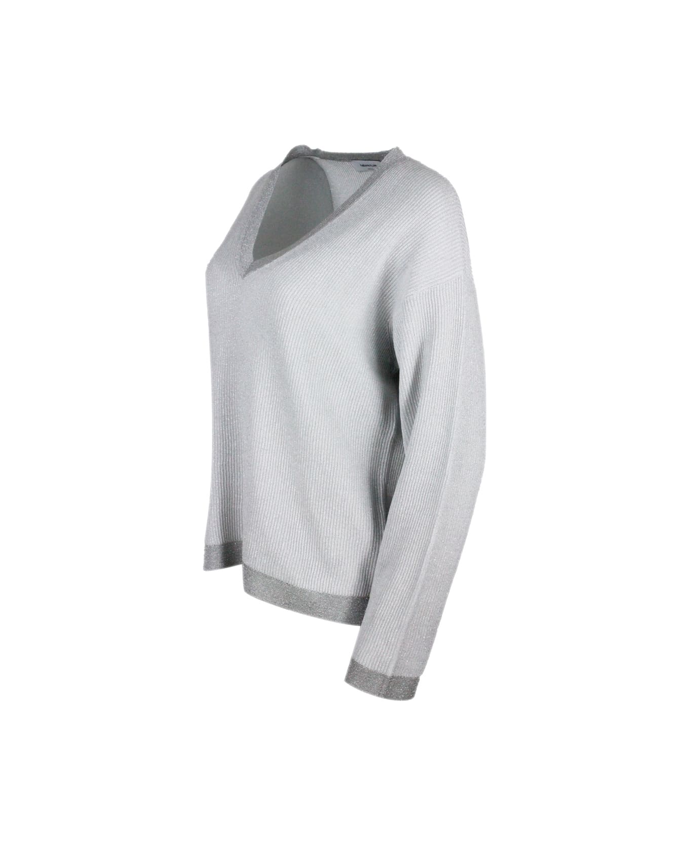 Fabiana Filippi V-neck Cotton Blend Sweater Embellished With Lurex Rows With Contrasting Color Edges - Ice