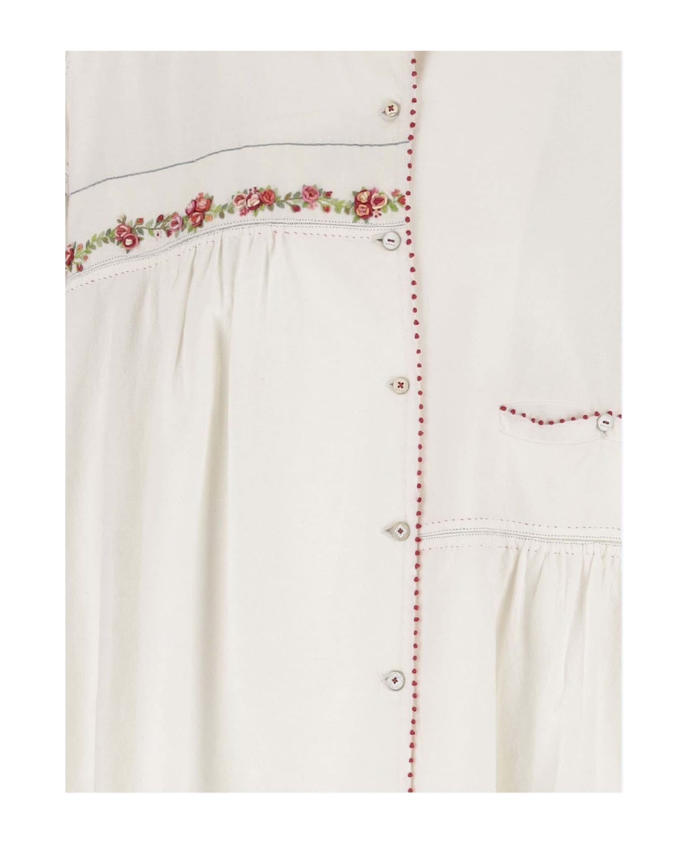 Péro Long Cotton Shirt With Floral Embroidery - White