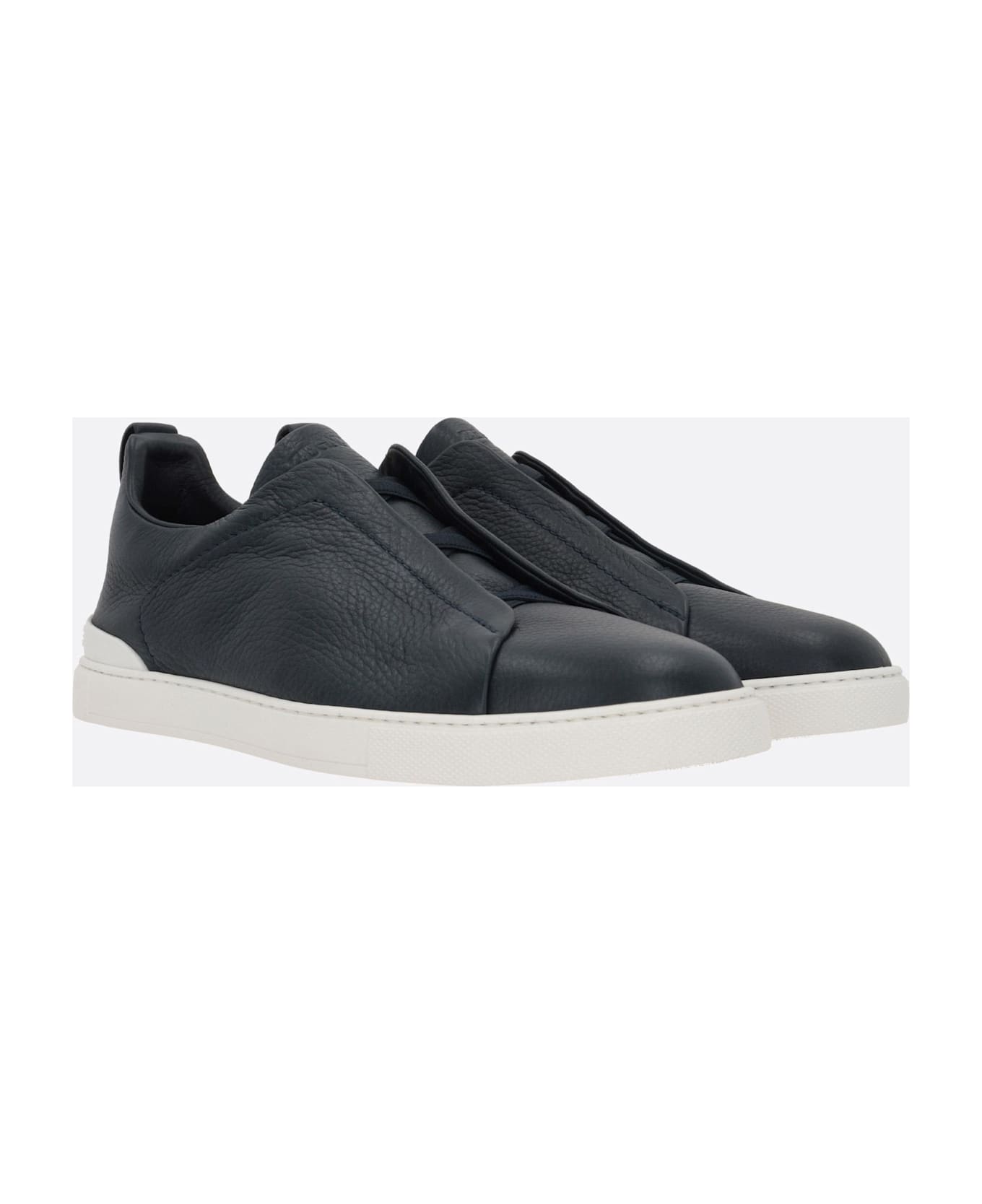 Zegna Triple Stitch Grainy Leather Sneakers - Navy