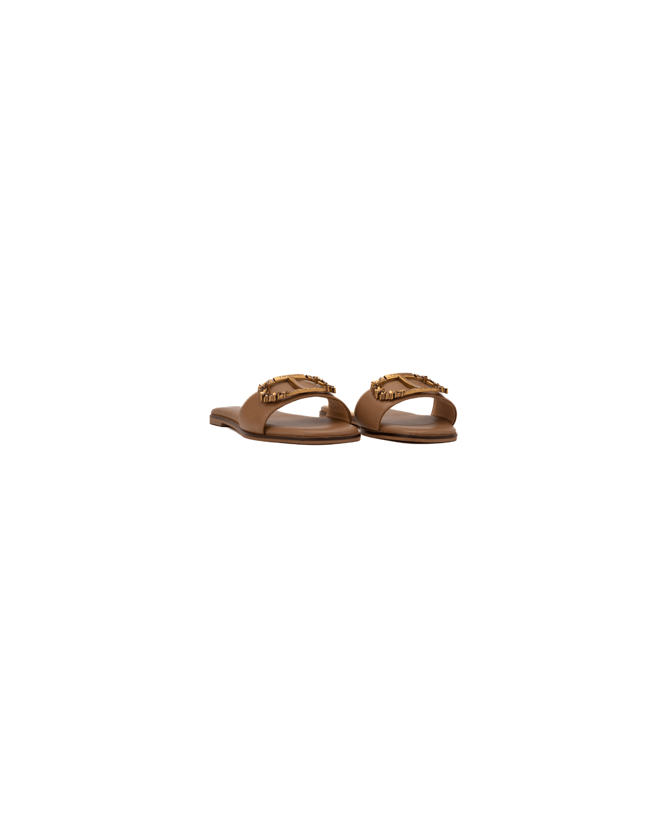 TwinSet Leather Slippers With Logo - Hazelnut