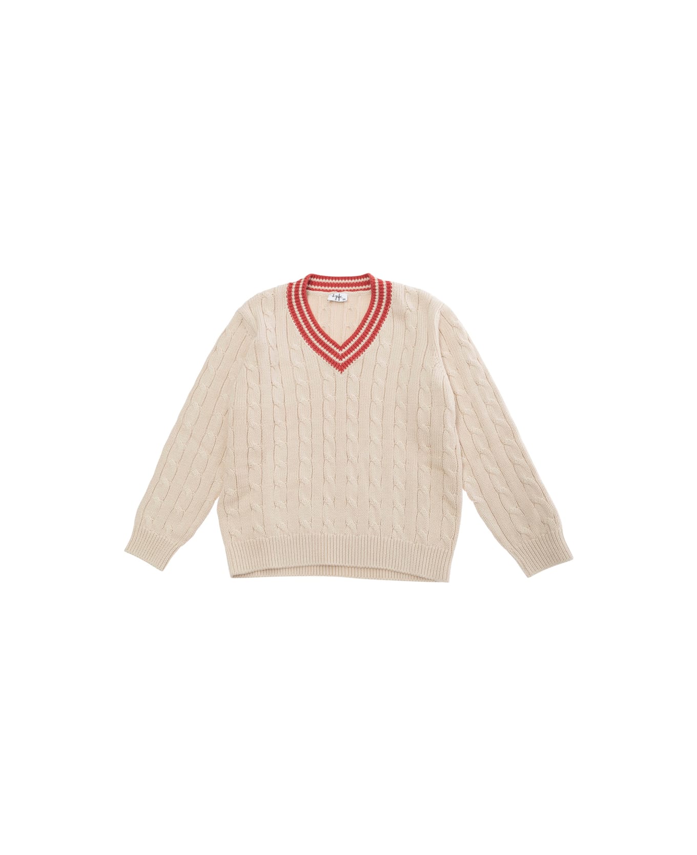 Il Gufo Beige T-shirt With V Neck With Striped Motif In Cotton Girl - Beige
