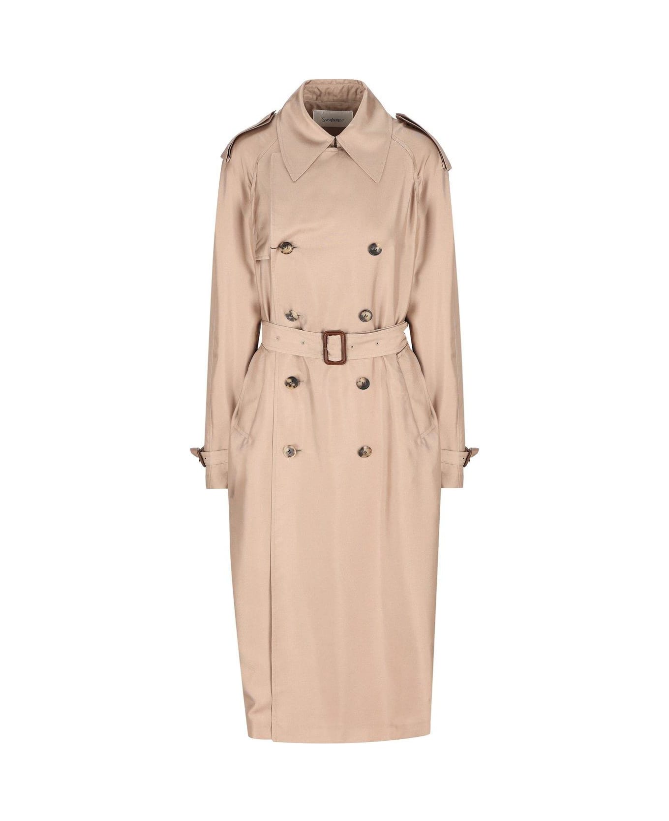 Saint Laurent Double-breasted Belted Coat - Beige