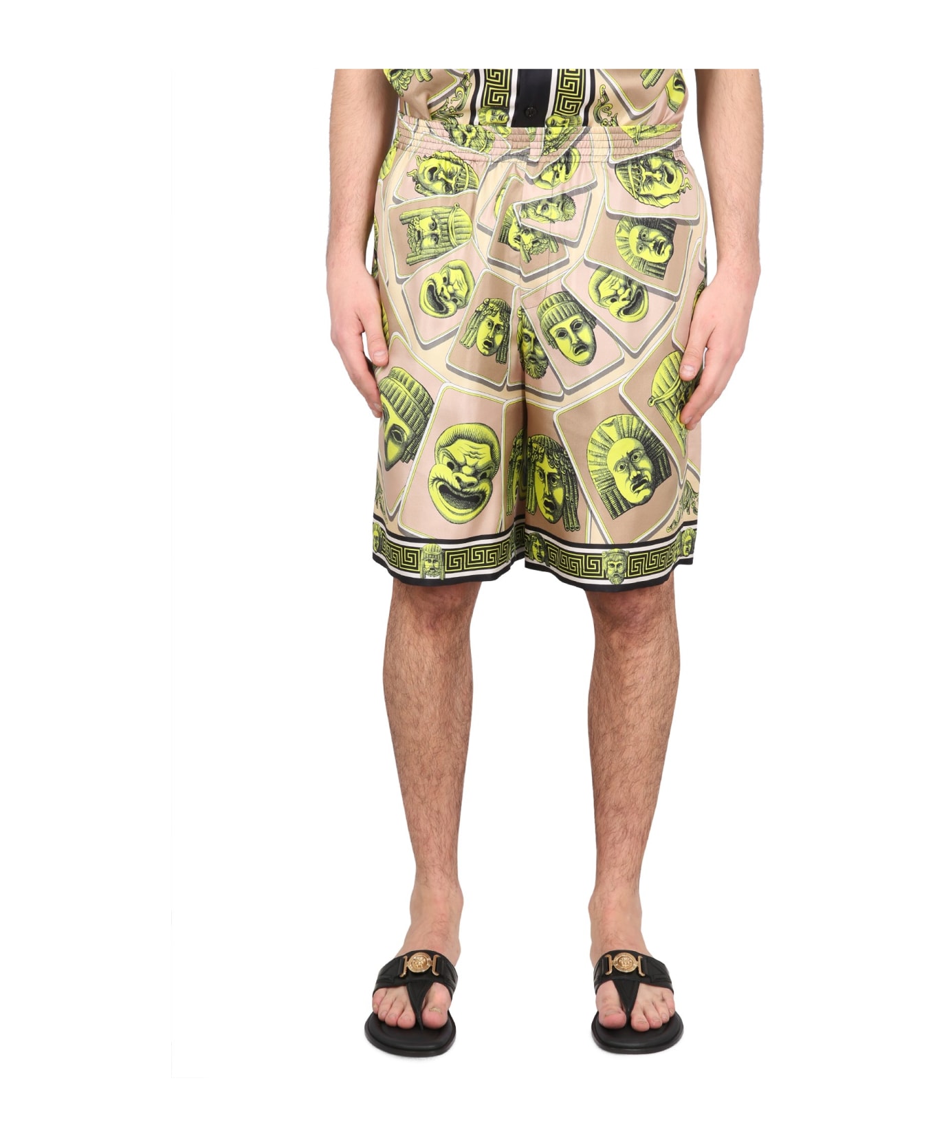 Versace Twill Silk Shorts Masks Print Detail - Acid Green Moonstruck