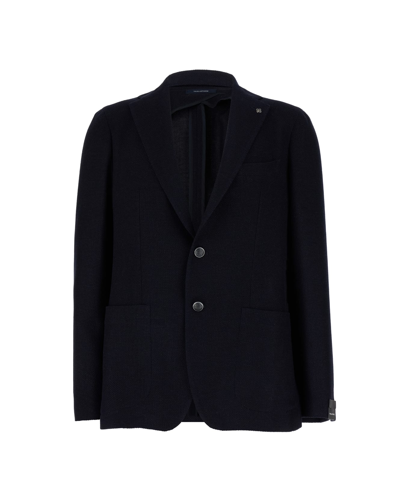 Tagliatore Blue Single-breasted Jacket With Logo Pin In Silk And Wool Man - Blu ブレザー