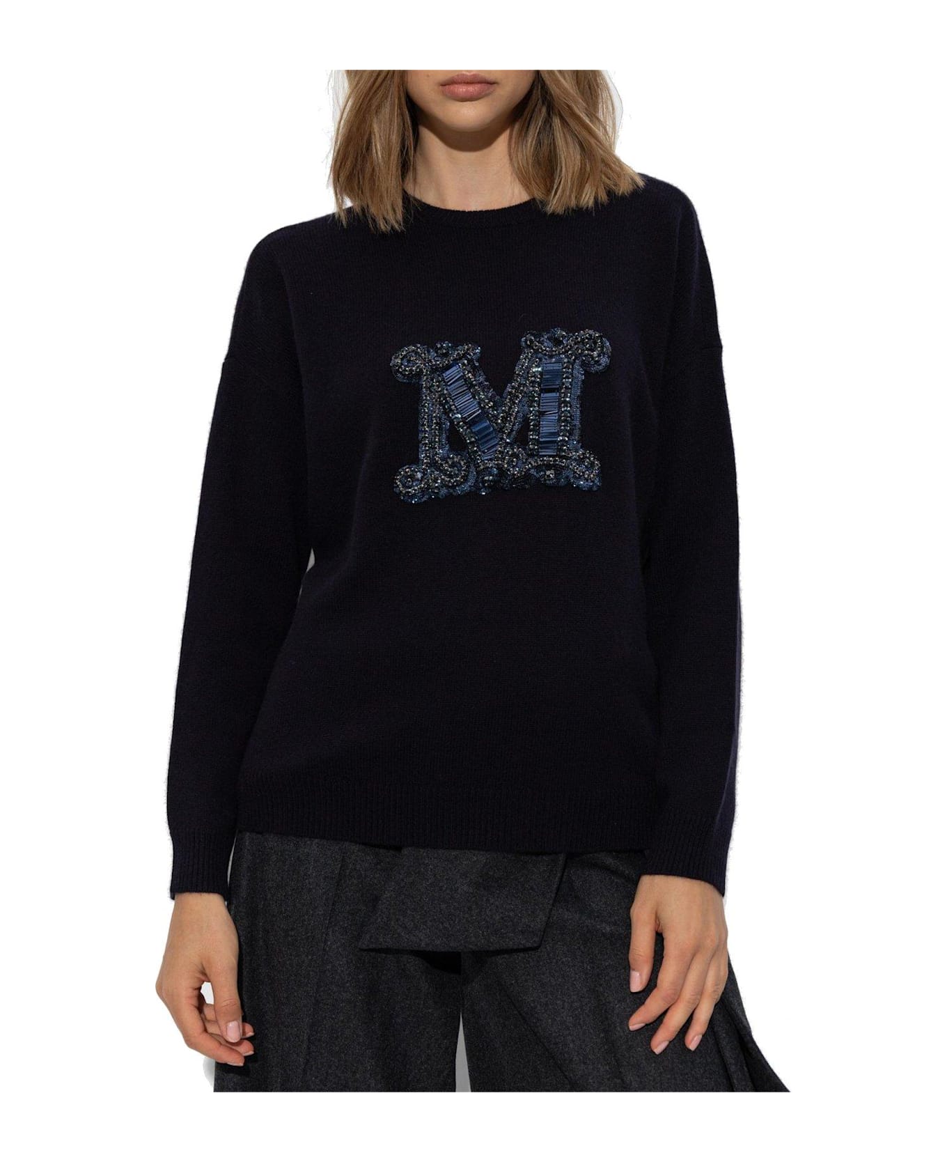 Max Mara Logo Embroidered Knitted Jumper - Blue