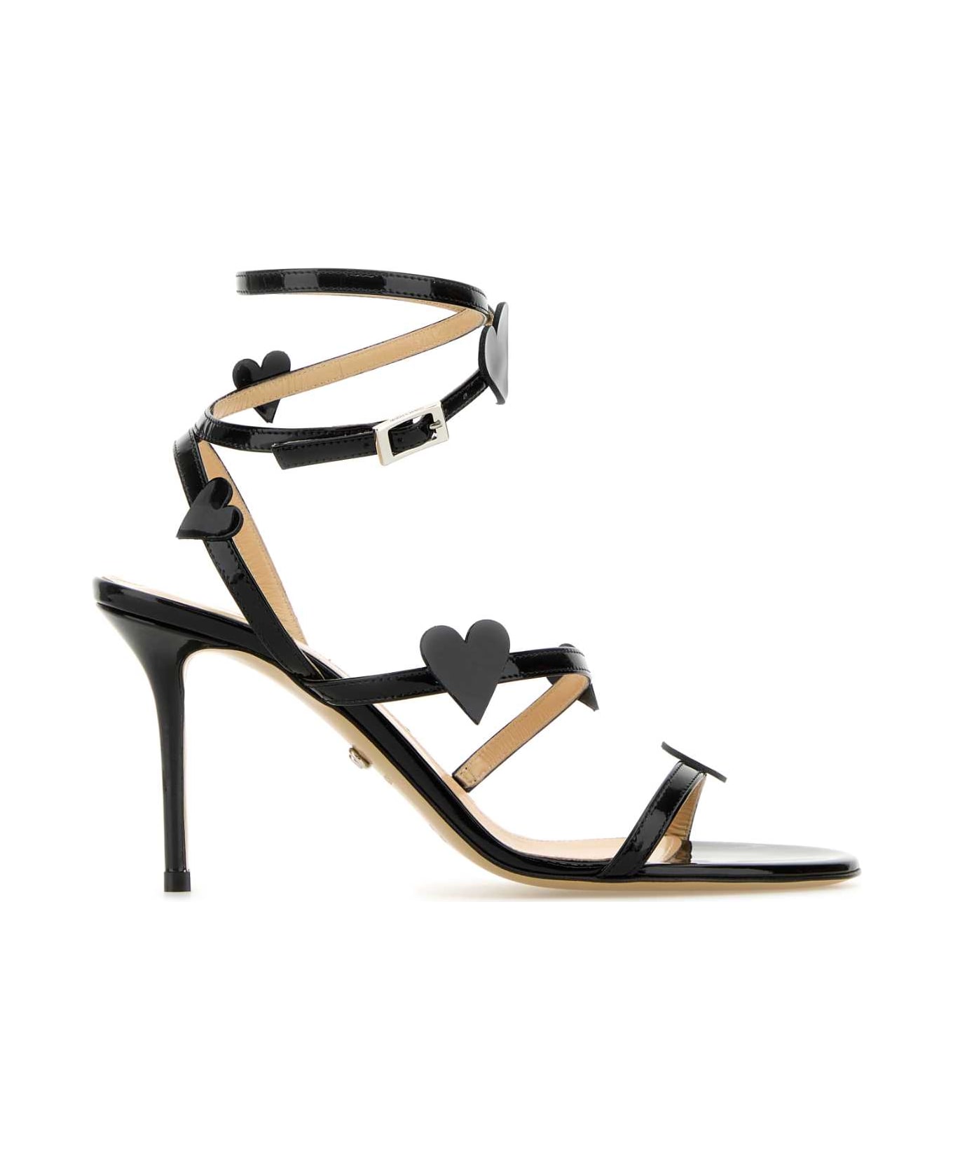 Mach & Mach Black Leather Petit Coeur Sandals - BLACK