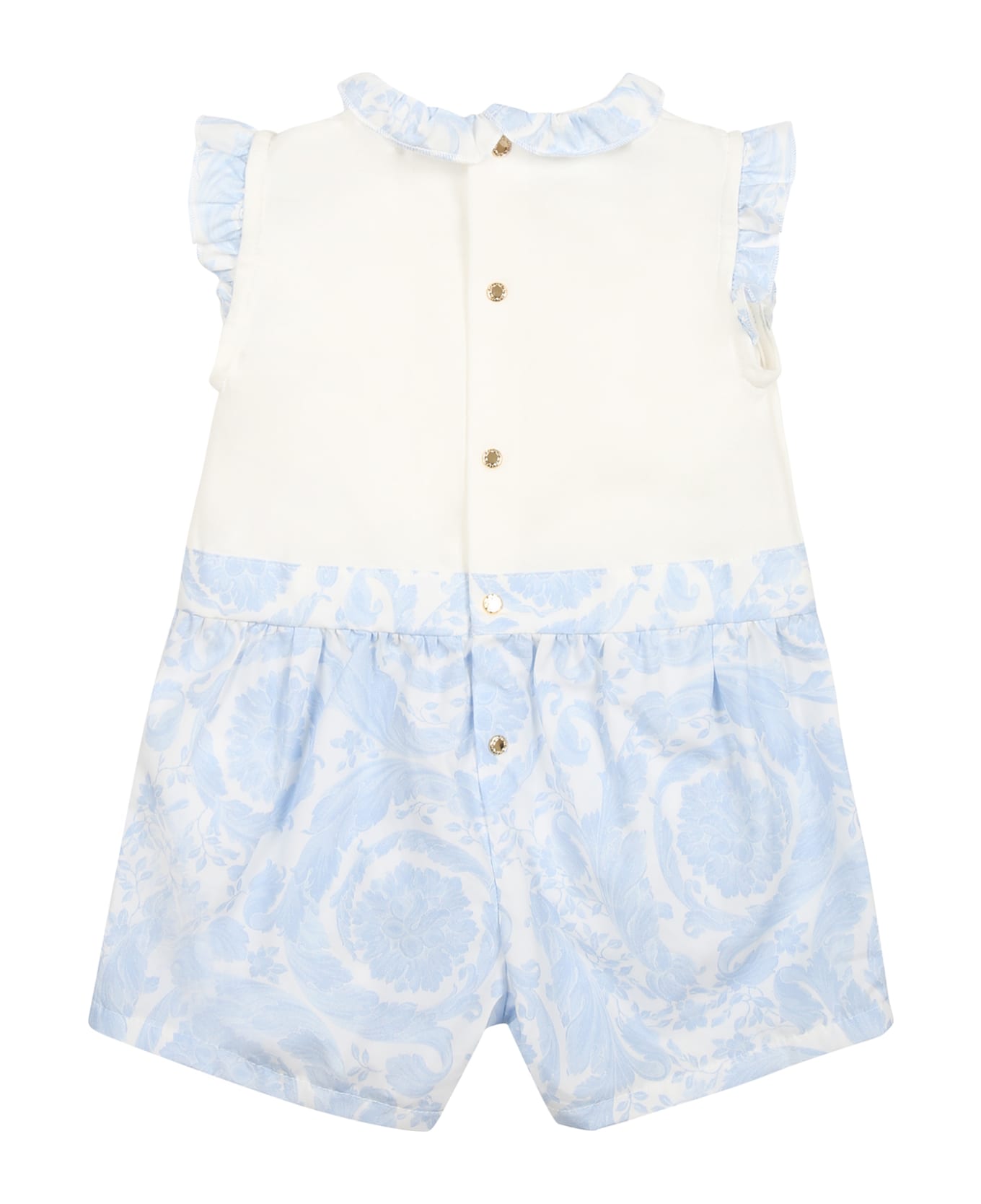 Versace Light Blue Romper For Babies With Baroque Print - Light Blue